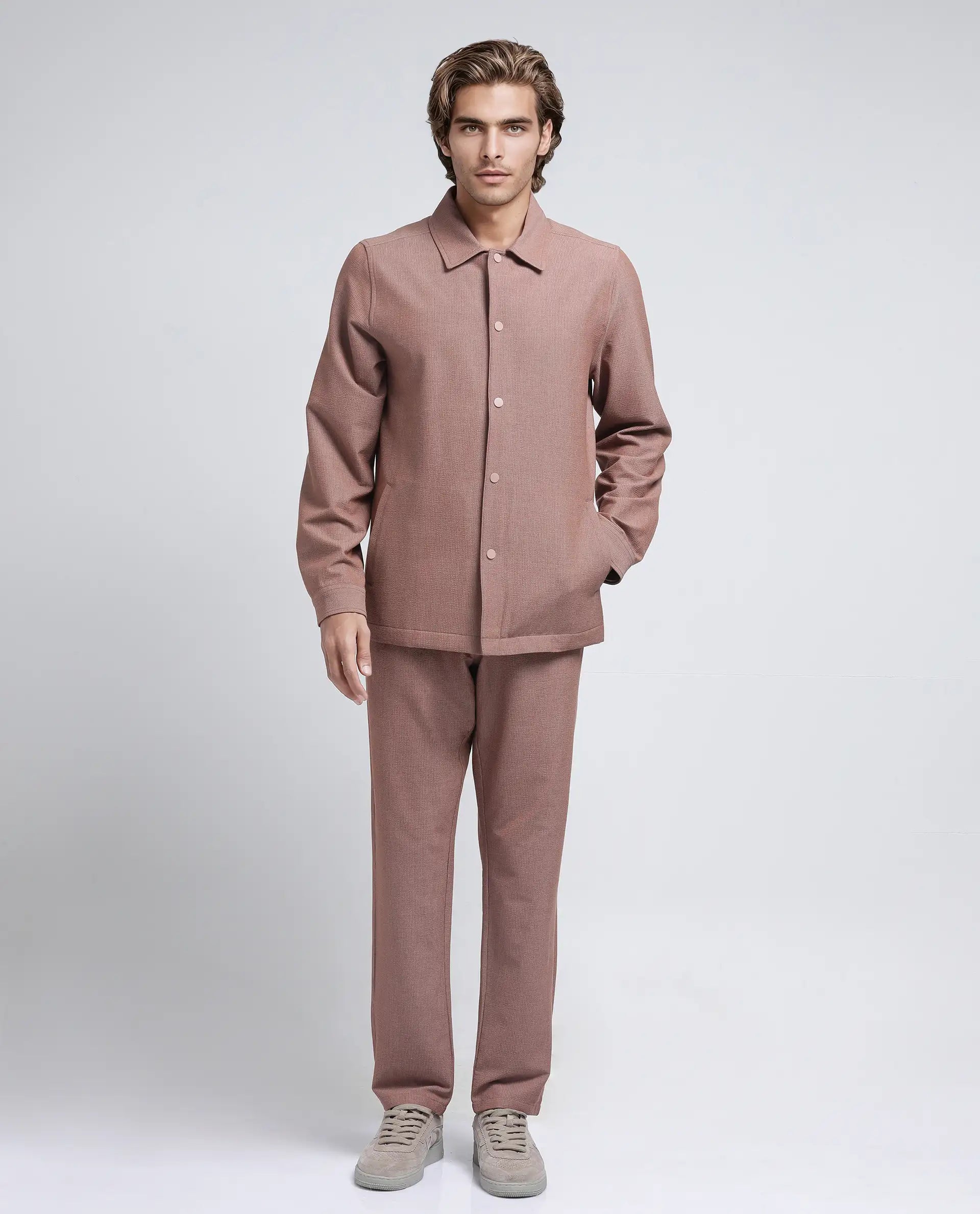 Rare Rabbit Men Horns Rust Polyester Viscose Fabric Full Sleeves Mandarin Collar Button Closure Striped Shaket