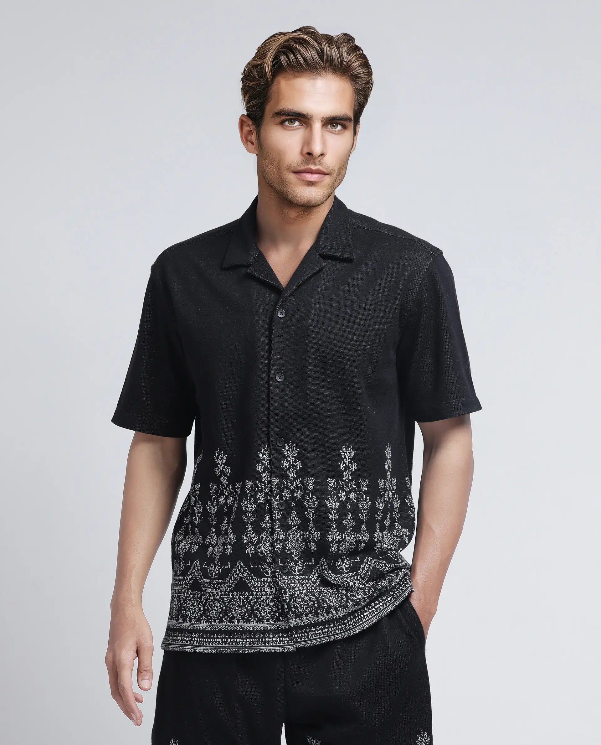 Rare Rabbit Men's Horo Black Cotton Blend Jacquard Relaxed Fit Half Sleeve Cuban Collar Shirt