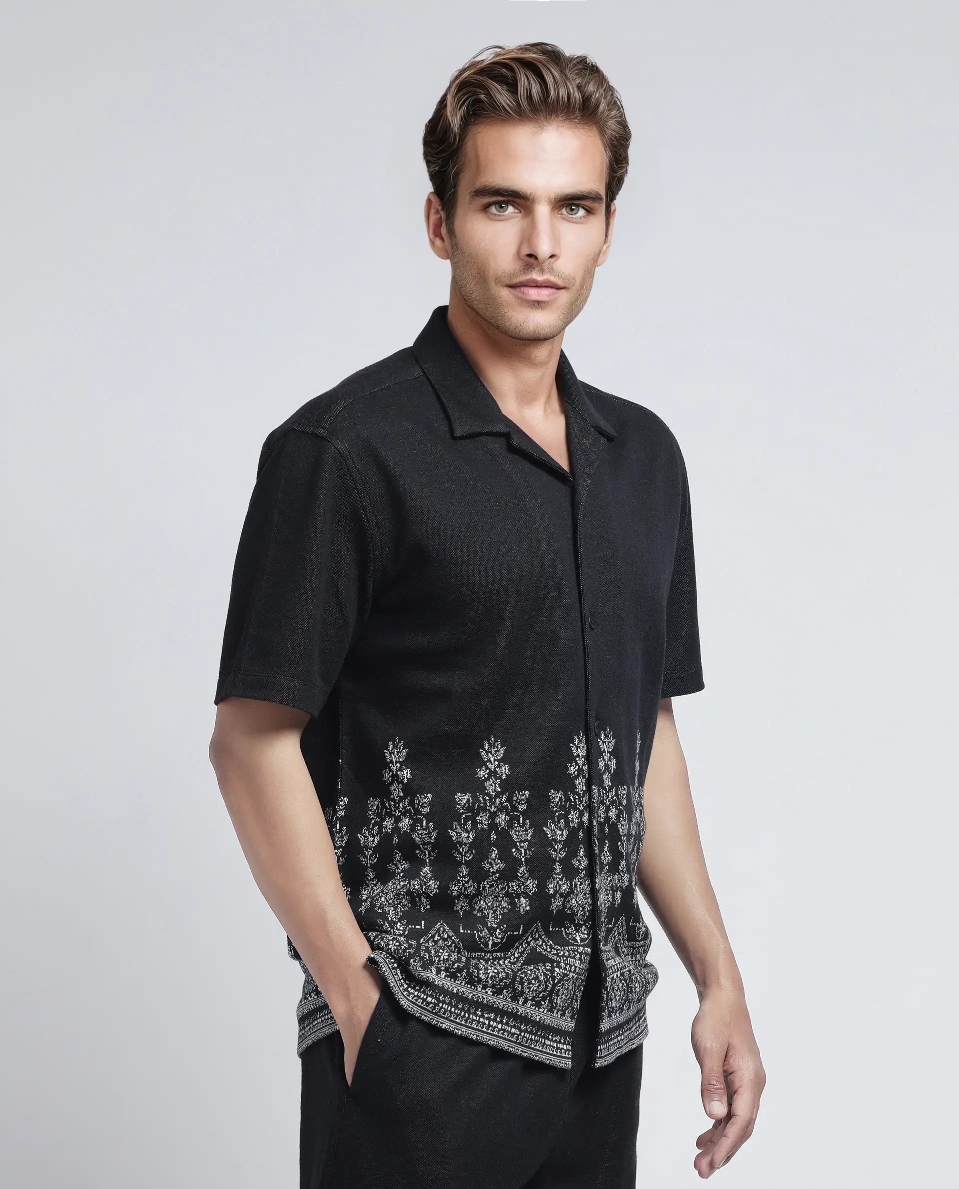 Rare Rabbit Men's Horo Black Cotton Blend Jacquard Relaxed Fit Half Sleeve Cuban Collar Shirt