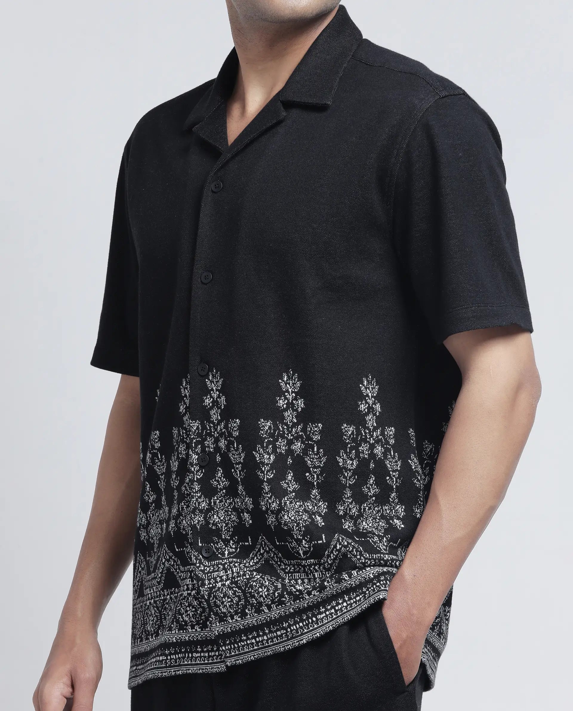 Rare Rabbit Men's Horo Black Cotton Blend Jacquard Relaxed Fit Half Sleeve Cuban Collar Shirt
