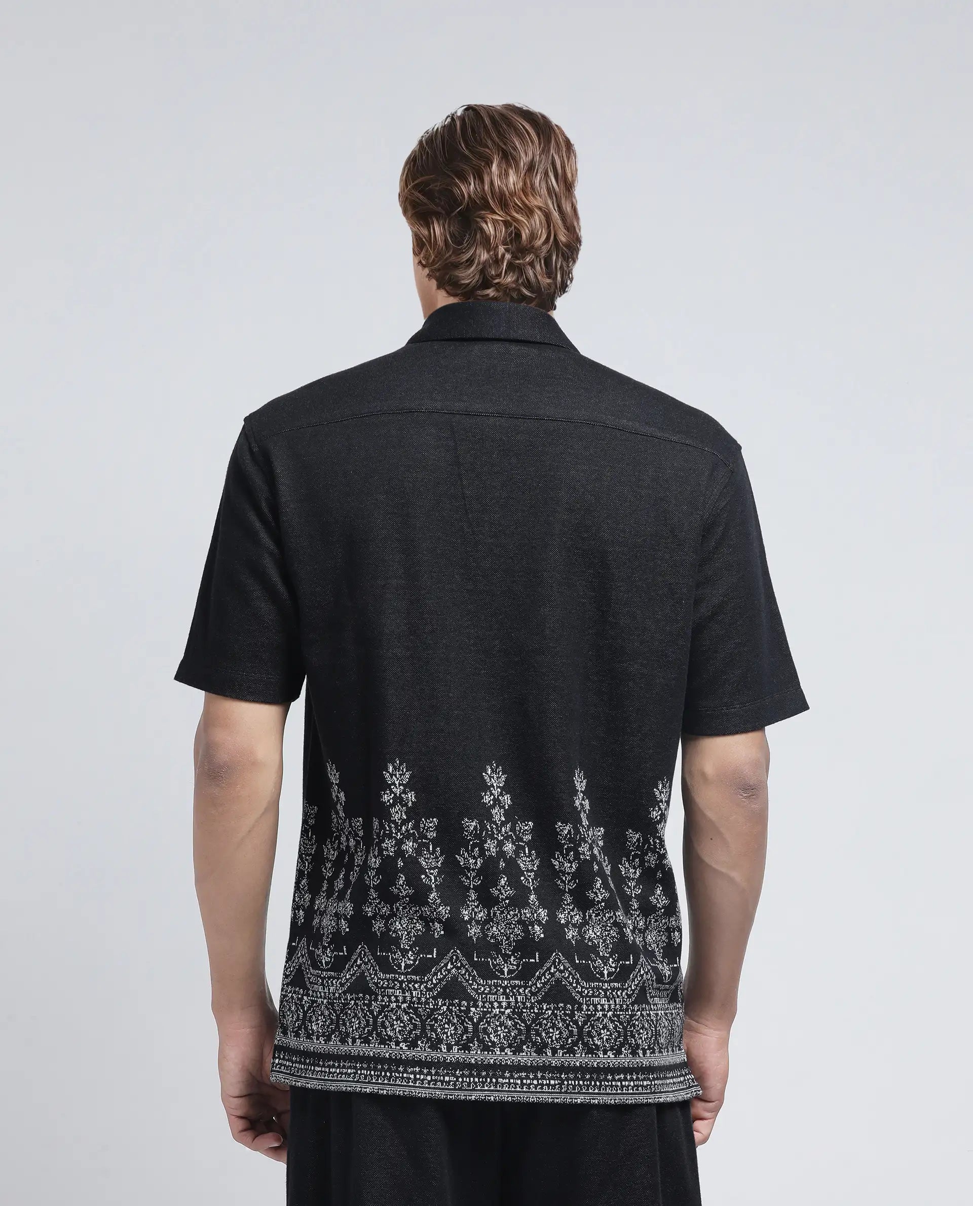 Rare Rabbit Men's Horo Black Cotton Blend Jacquard Relaxed Fit Half Sleeve Cuban Collar Shirt