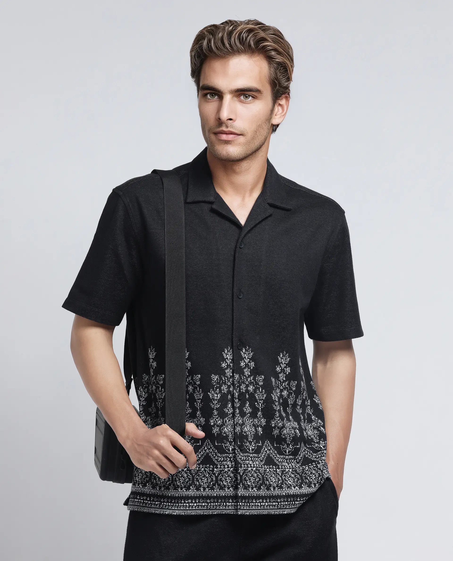 Rare Rabbit Men's Horo Black Cotton Blend Jacquard Relaxed Fit Half Sleeve Cuban Collar Shirt