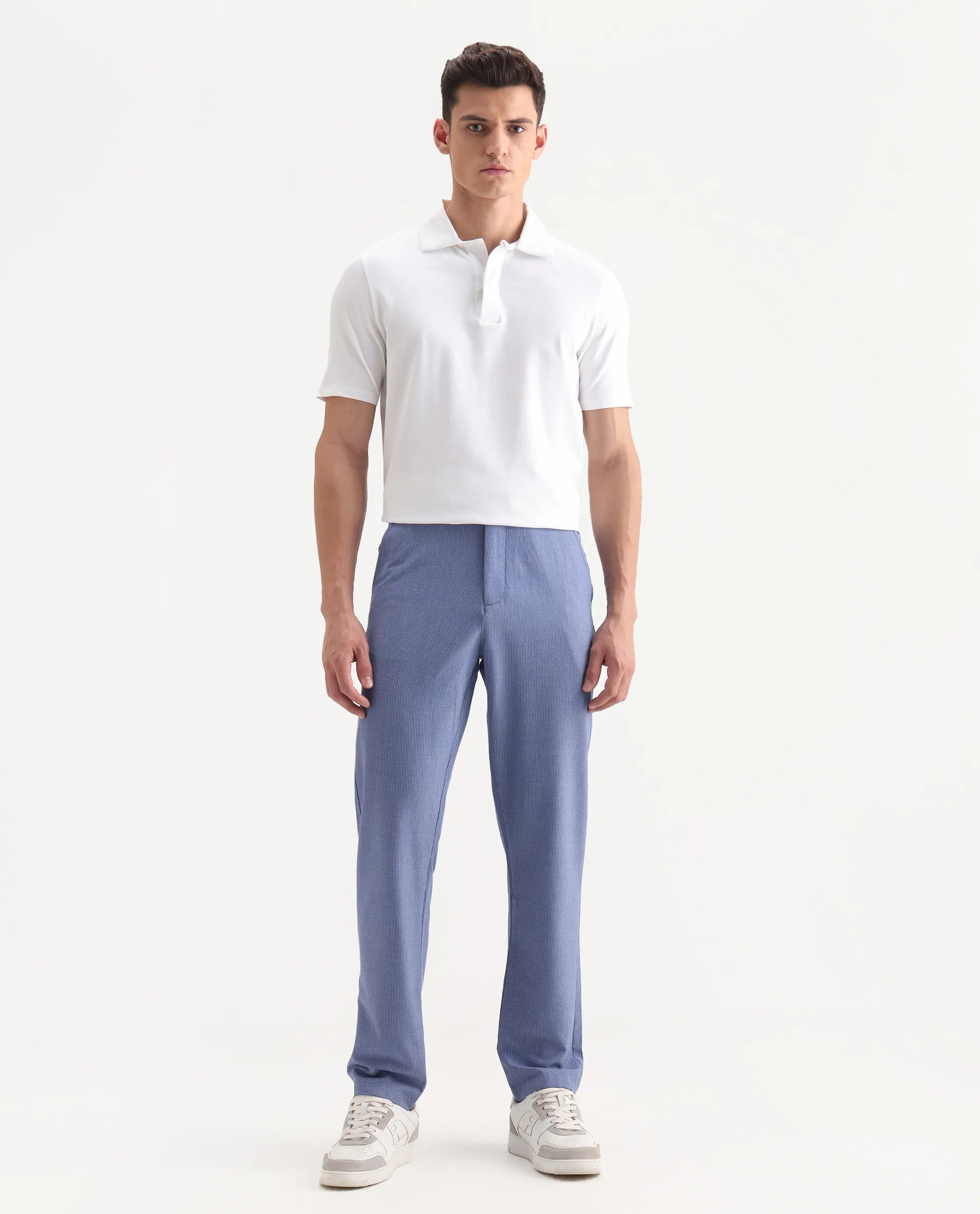 Rare Rabbit Men's Horon Blue Cotton Blend Plain Baggy Fit Trouser