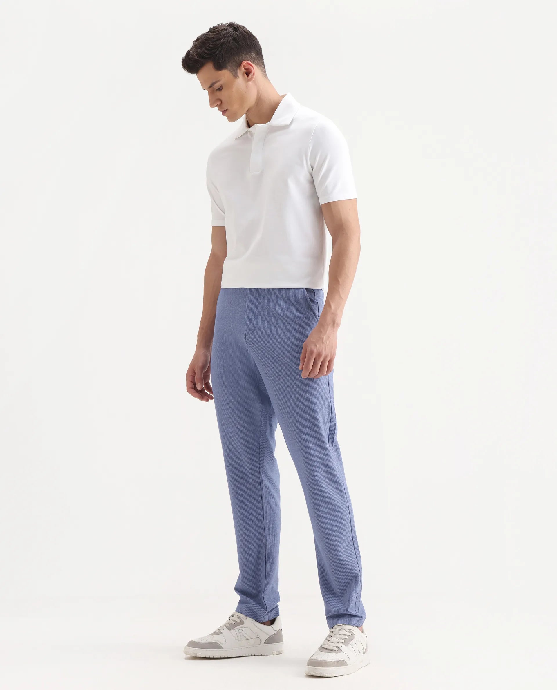 Rare Rabbit Men's Horon Blue Cotton Blend Plain Baggy Fit Trouser