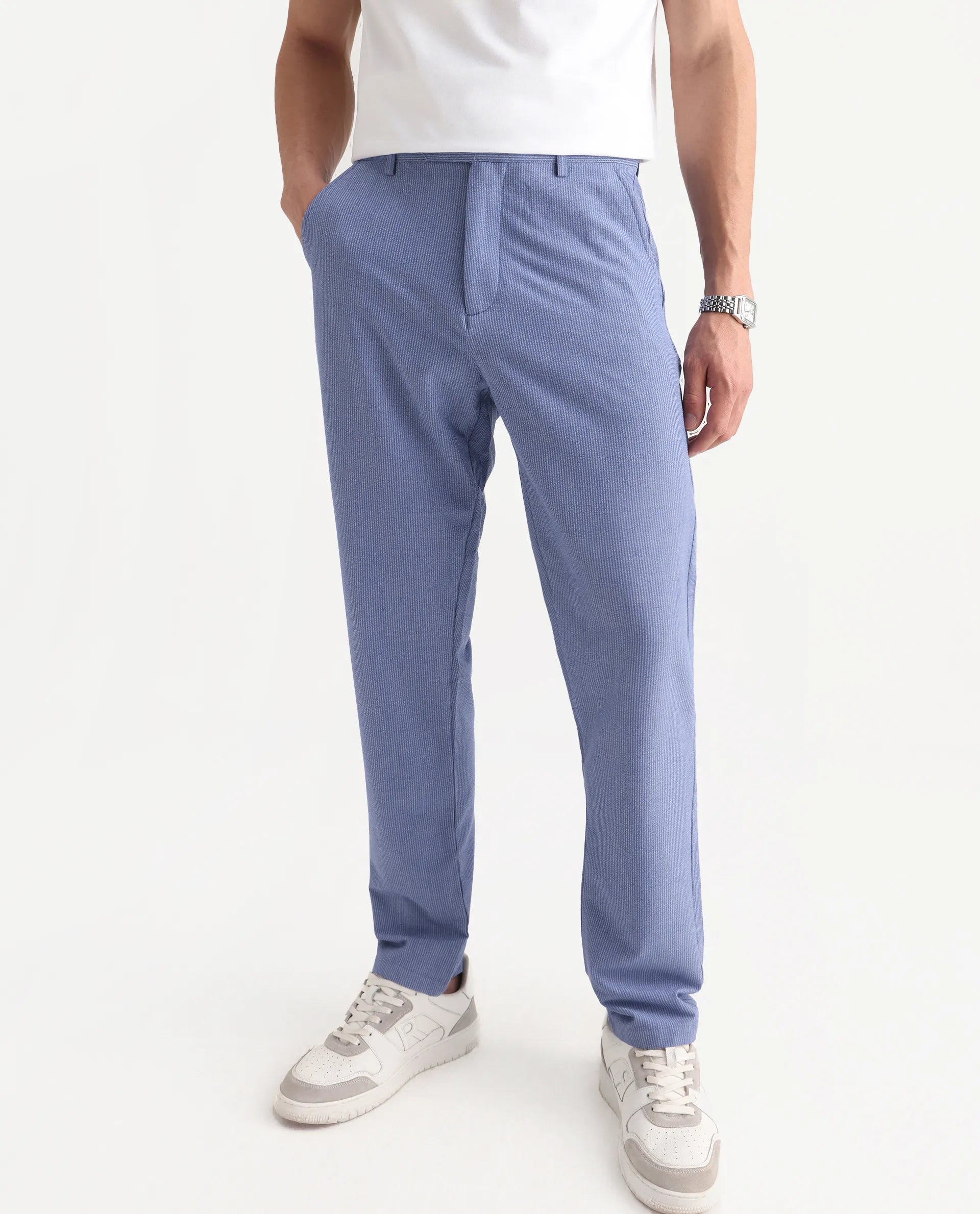 Rare Rabbit Men's Horon Blue Cotton Blend Plain Baggy Fit Trouser