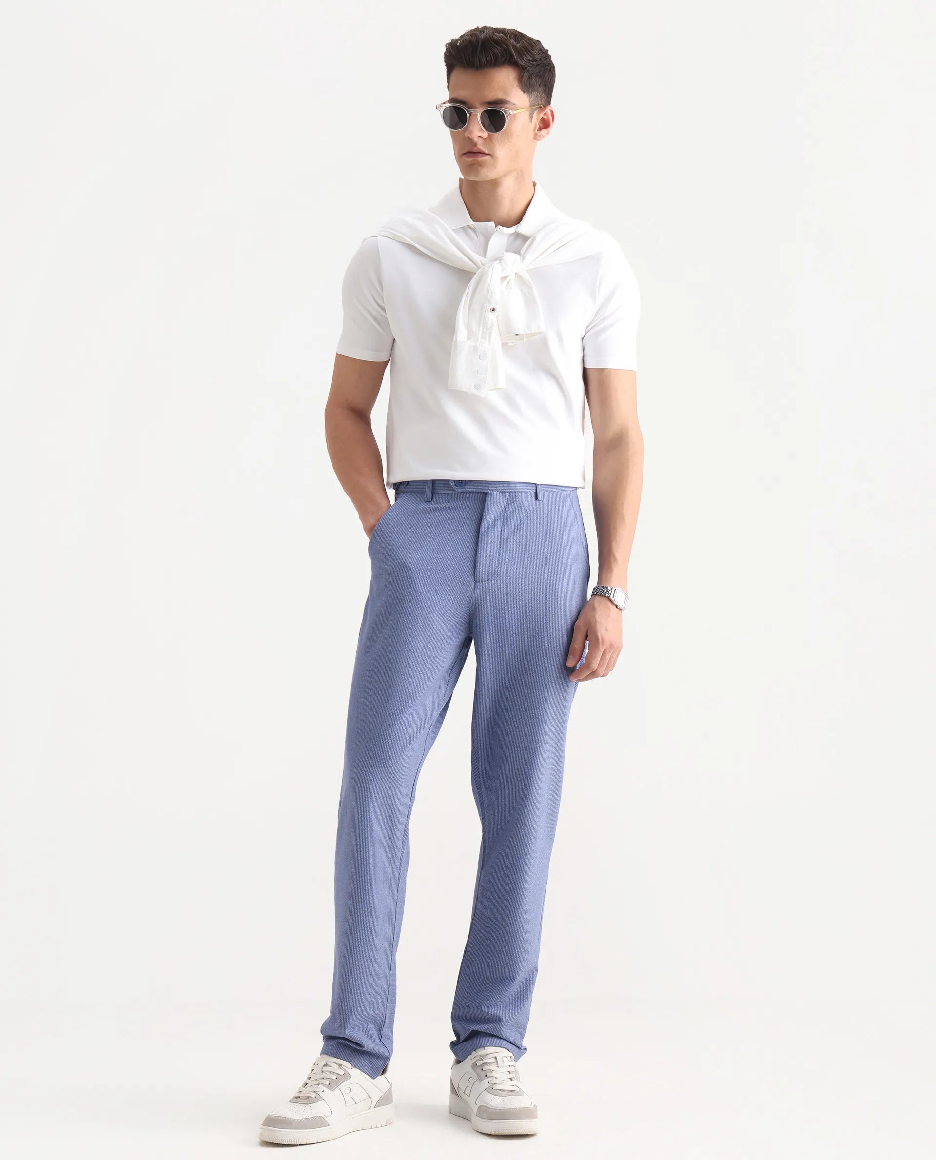 Rare Rabbit Men's Horon Blue Cotton Blend Plain Baggy Fit Trouser