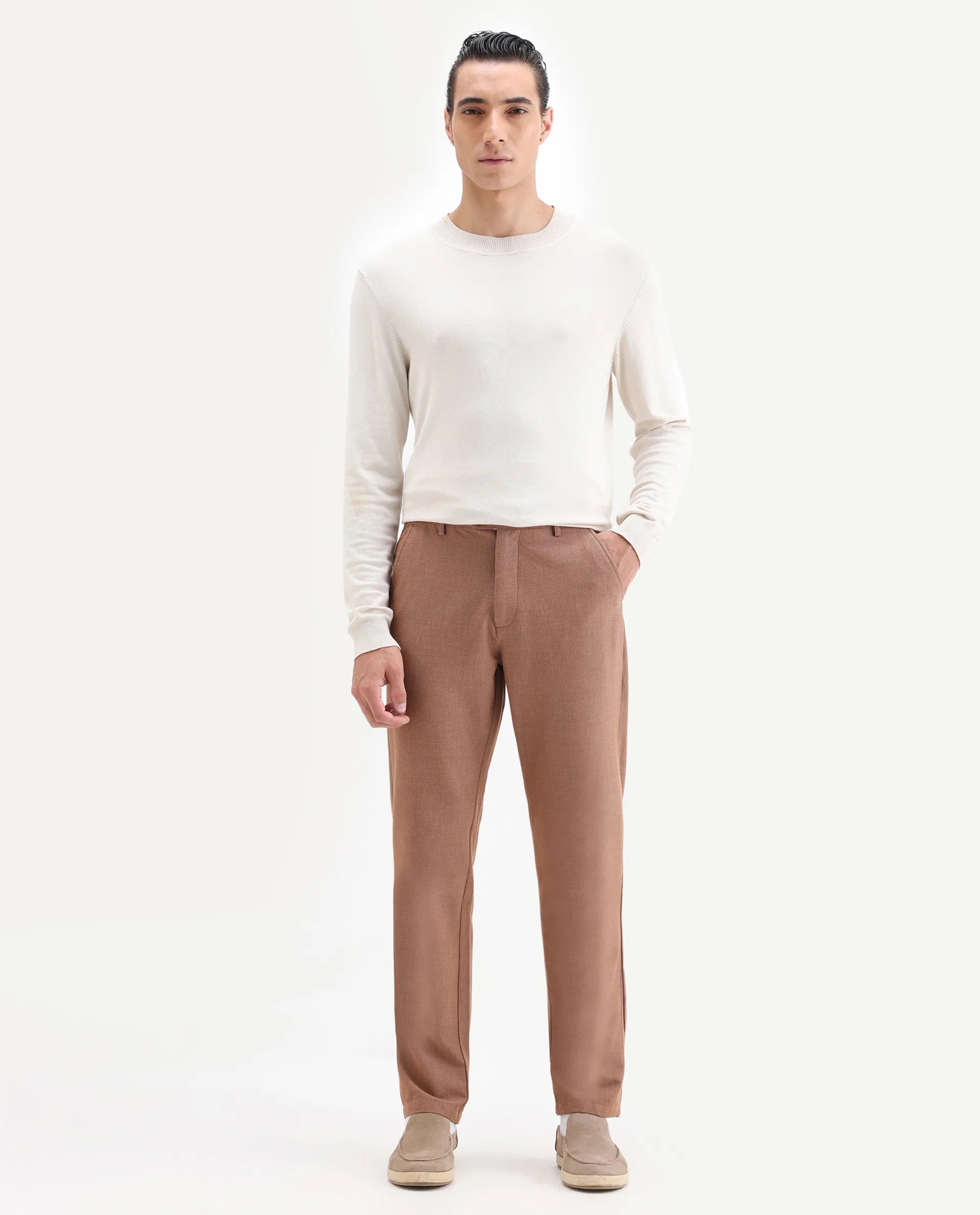 Rare Rabbit Men's Horon Rust Cotton Blend Plain Baggy Fit Trouser