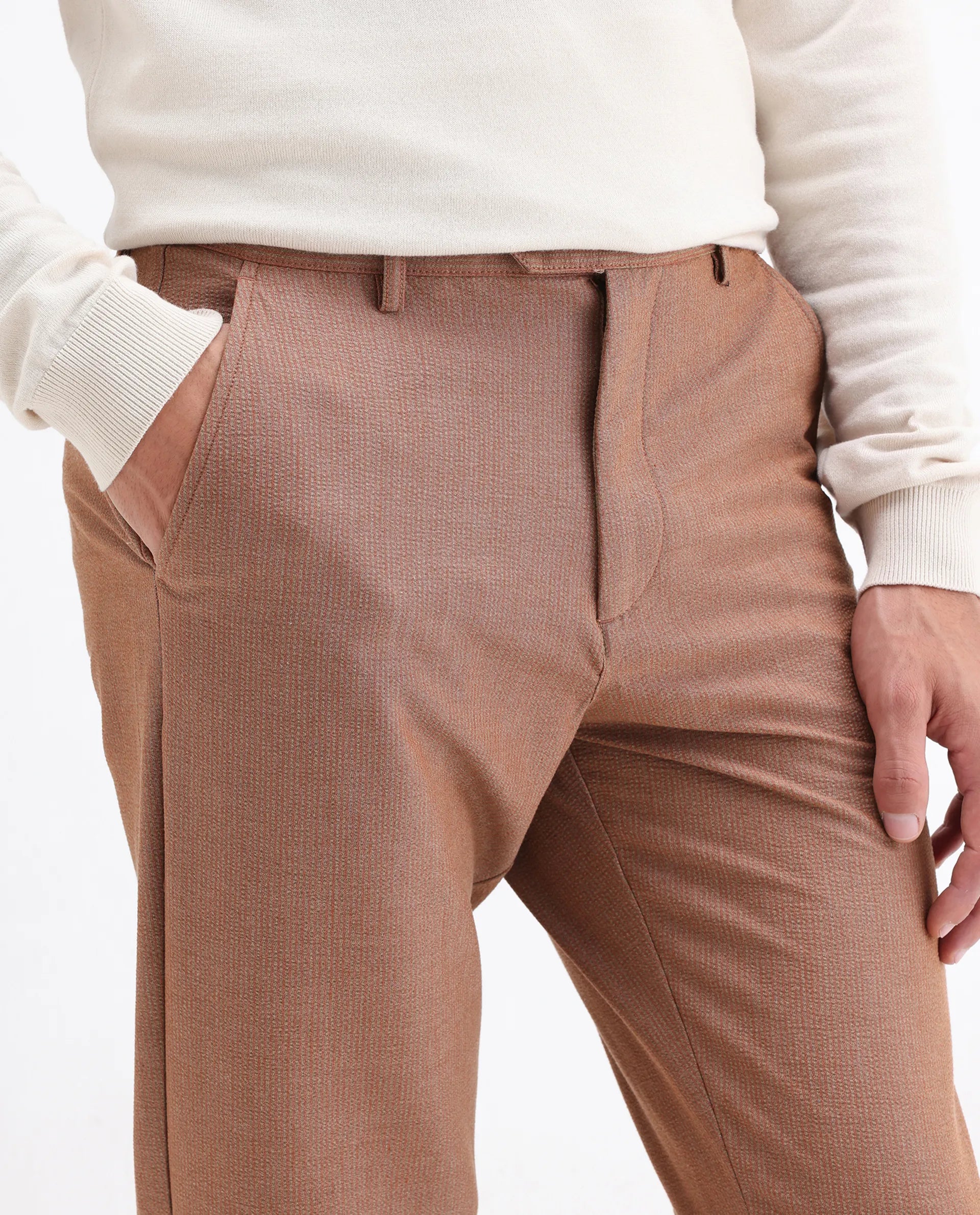 Rare Rabbit Men's Horon Rust Cotton Blend Plain Baggy Fit Trouser