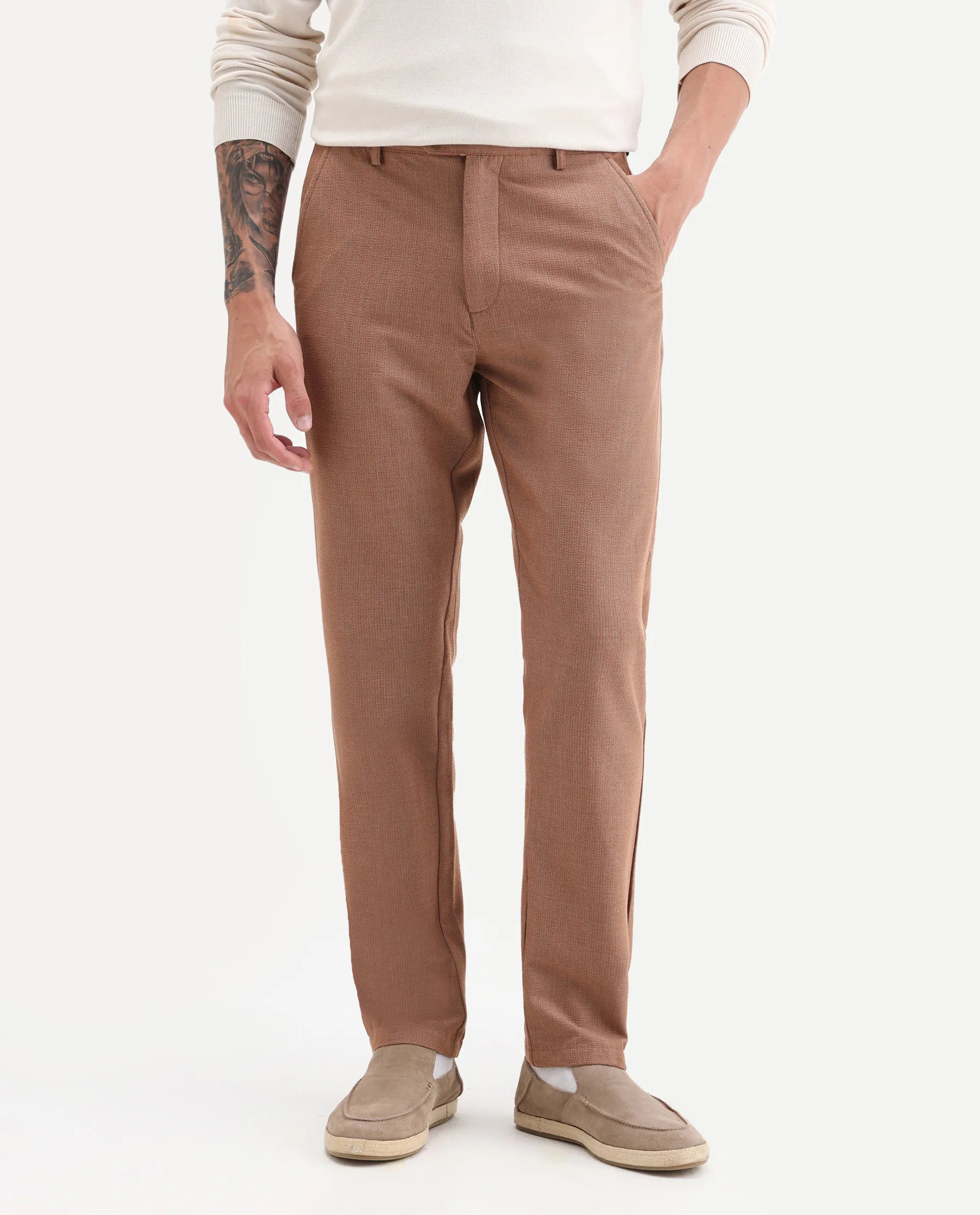 Rare Rabbit Men's Horon Rust Cotton Blend Plain Baggy Fit Trouser