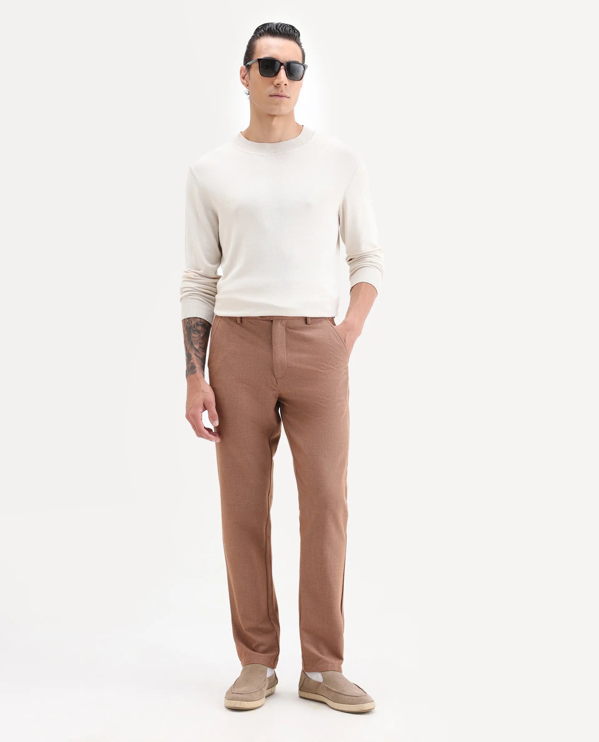 Rare Rabbit Men's Horon Rust Cotton Blend Plain Baggy Fit Trouser