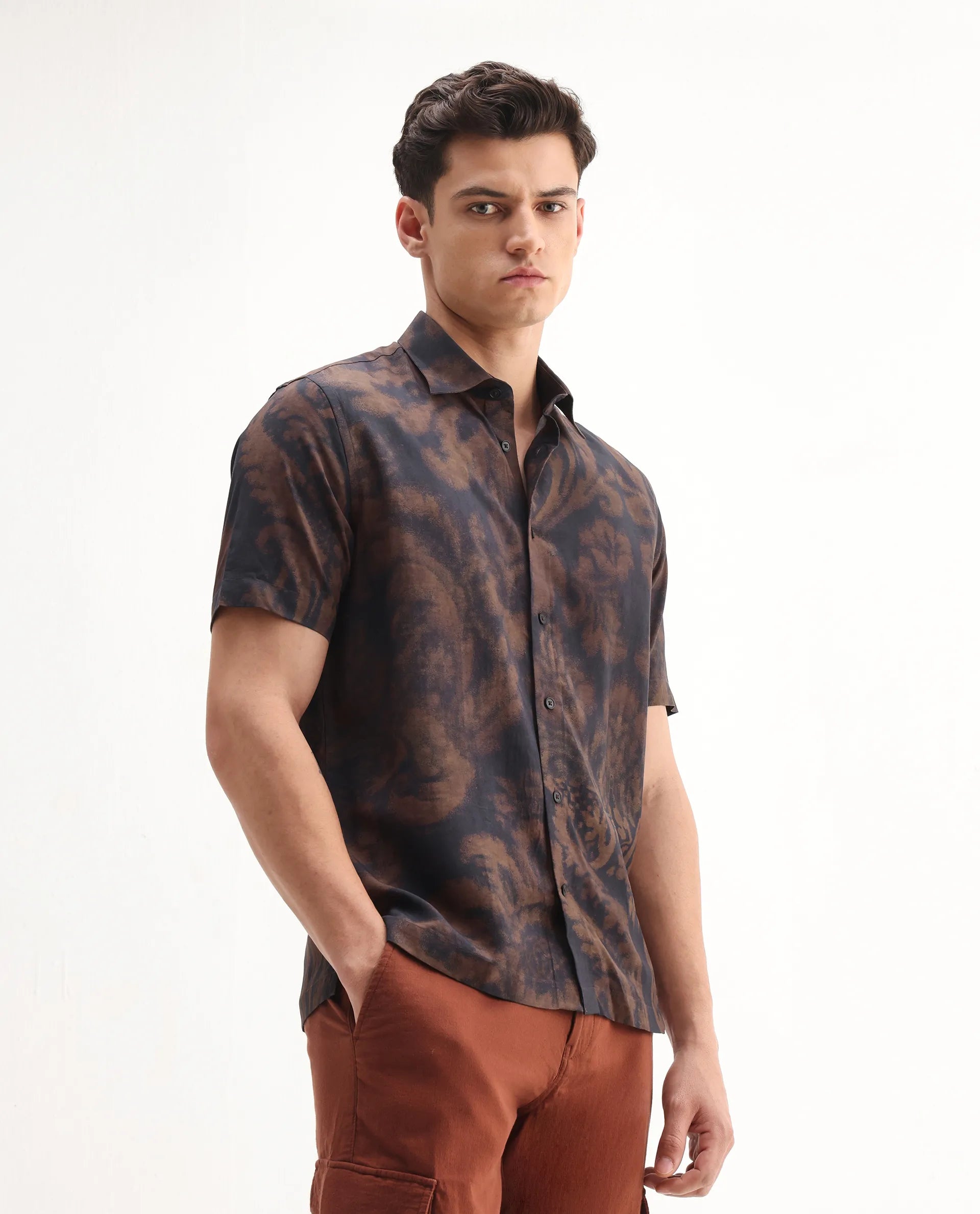 Rare Rabbit Men's Horos Black Linen Blend Floral Print Regular Fit Half Sleeve Collared Shirt