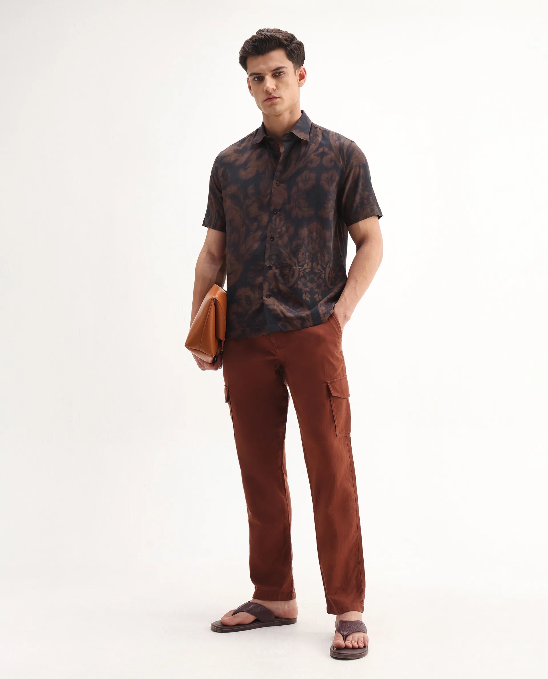 Rare Rabbit Men's Horos Black Linen Blend Floral Print Regular Fit Half Sleeve Collared Shirt