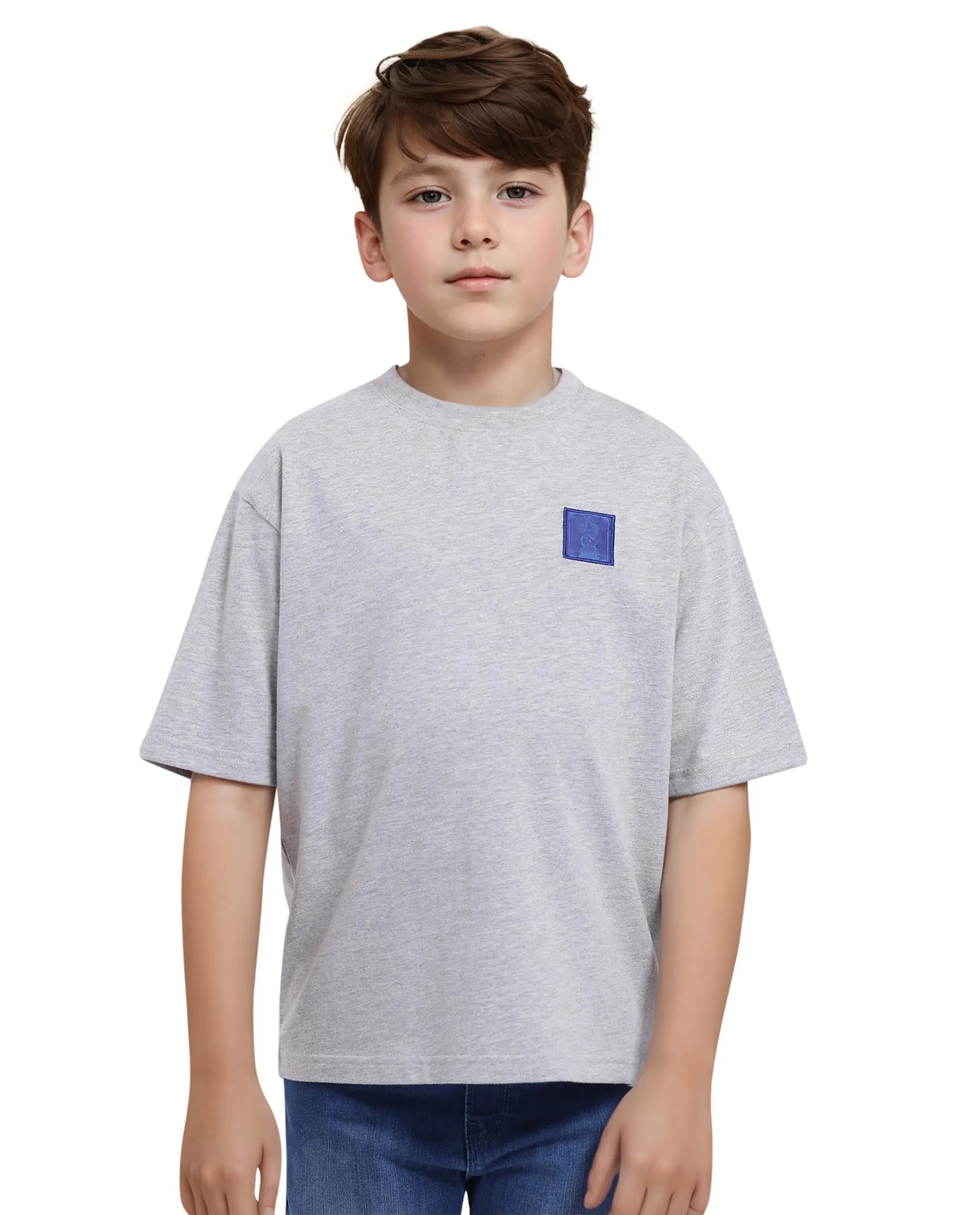 Rare Ones Kids Horse Melange Grey Cotton Half Sleeves Crew Neck Oversized Fit Graphic Back Print T-Shirt