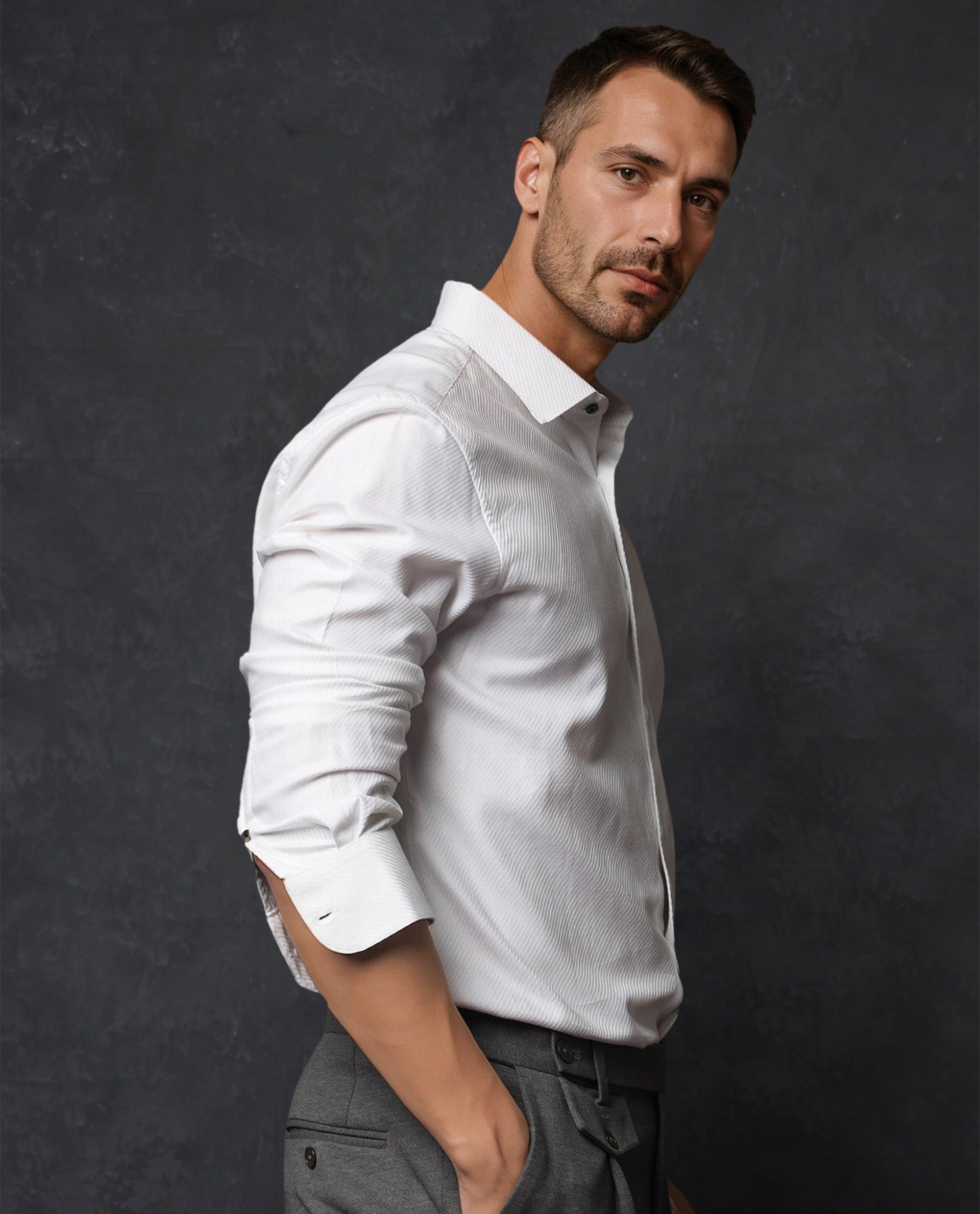 Rare Rabbit Men's Hosa White Cotton Fabric Full Sleeves Stripped Shirt