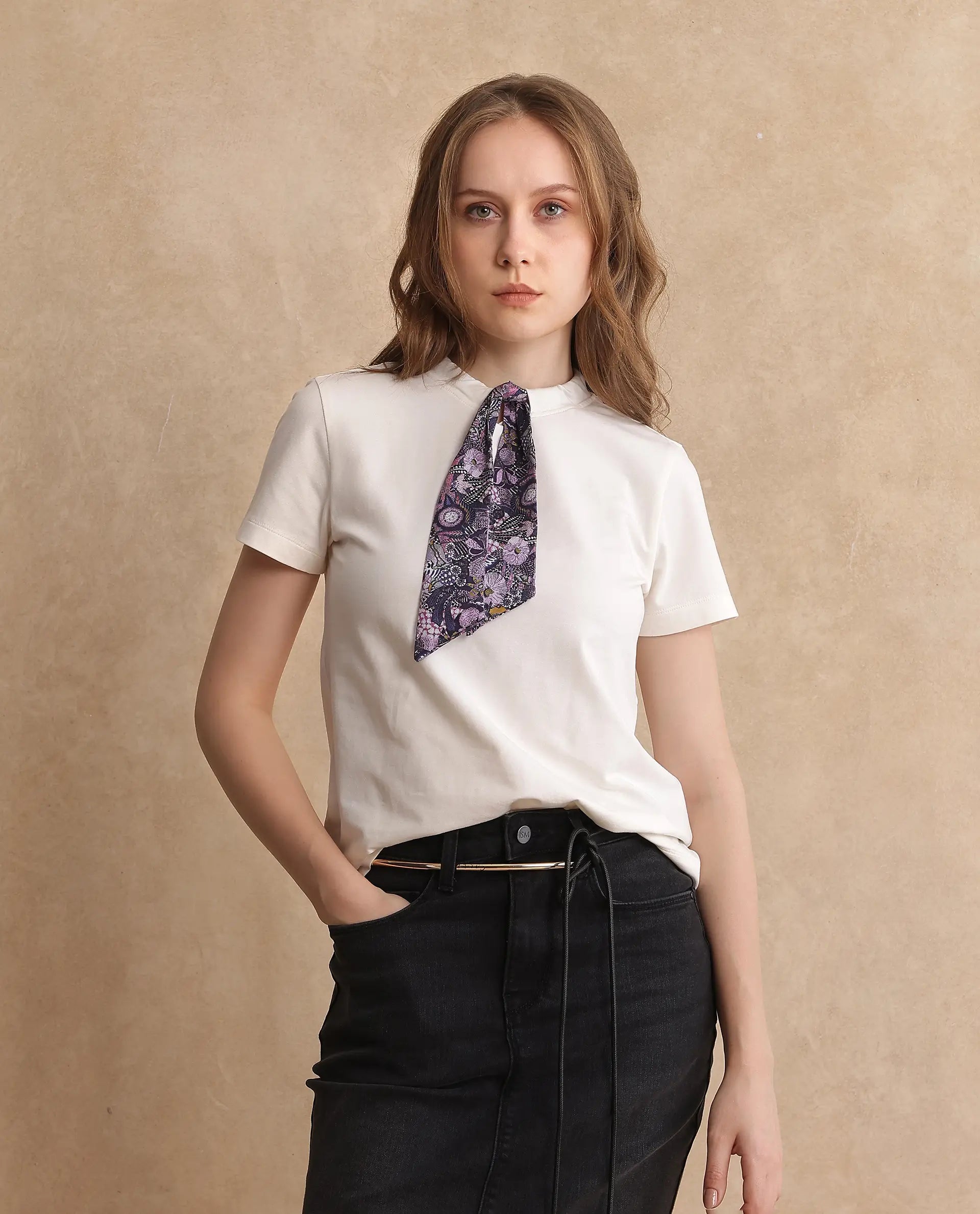 Rareism Women Hosta Off White Cotton Blend Fabric Short Sleeve Crew Neck T-Shirt