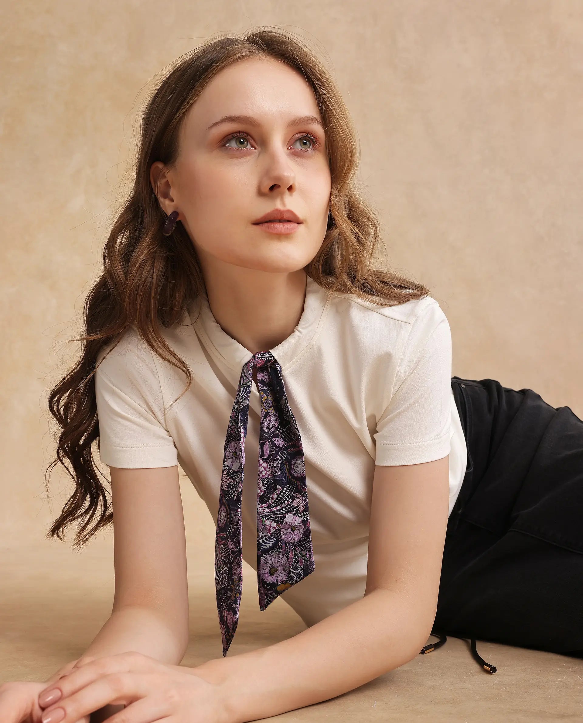 Rareism Women Hosta Off White Cotton Blend Fabric Short Sleeve Crew Neck T-Shirt