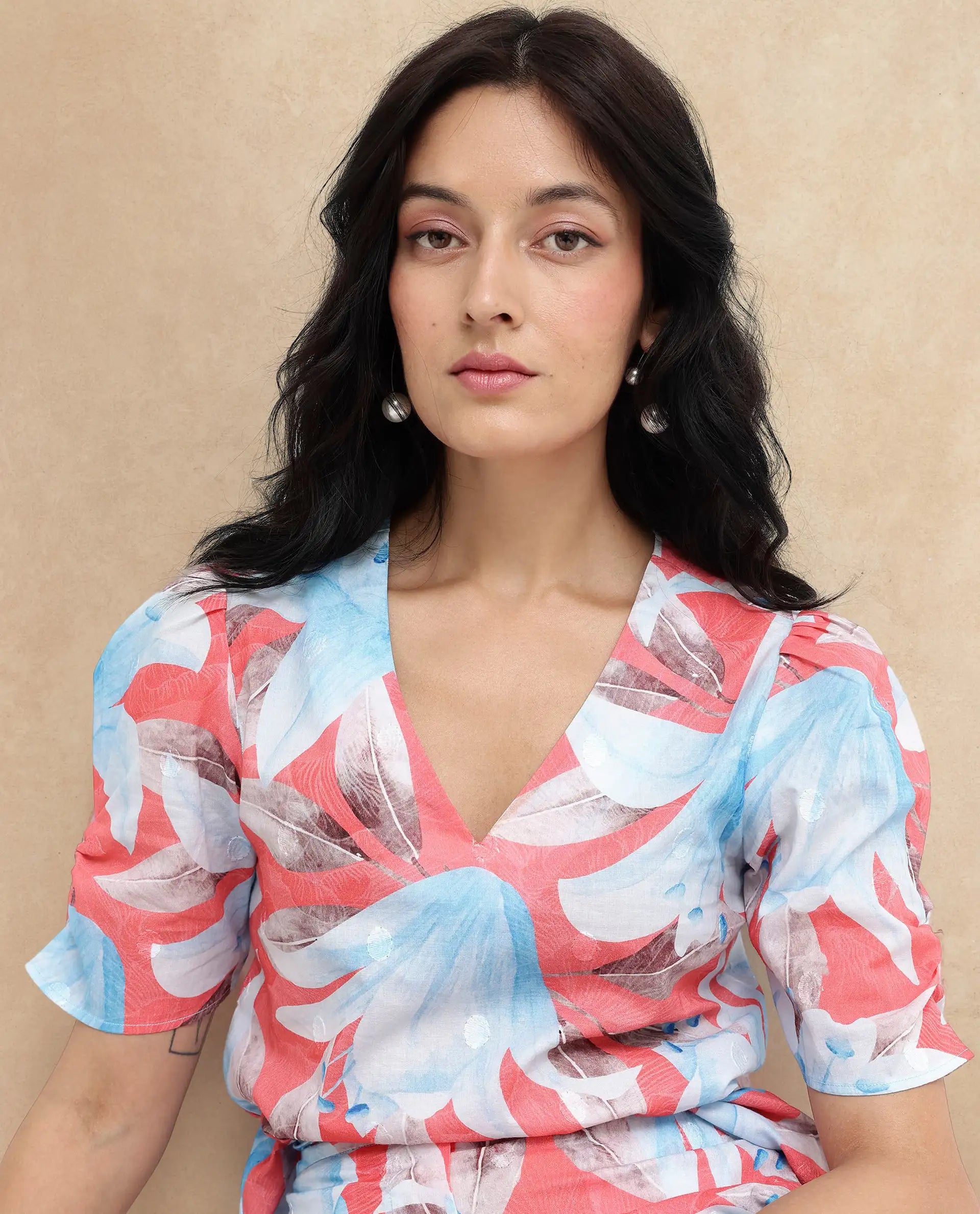 Rareism Women's Housto-T Pink Cotton V-Neck Floral Print Puff Sleeves Regular Fit Top