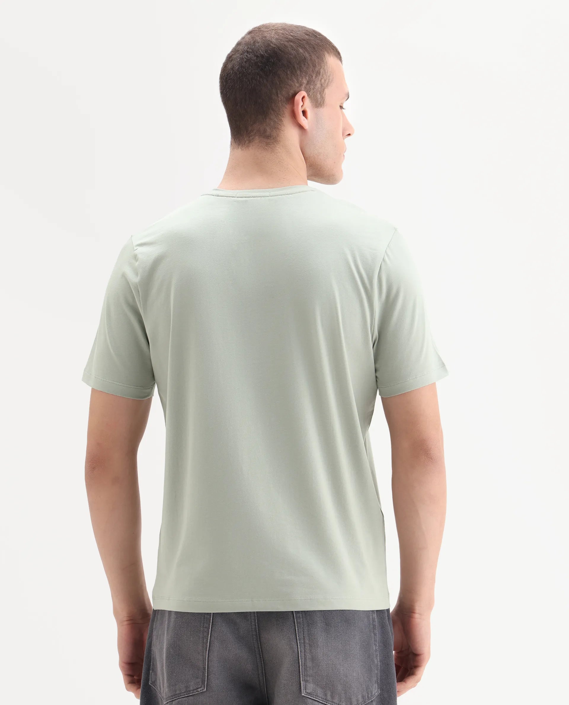 Rare Rabbit Men's Howe Dusky Green Cotton Blend Fabric Half Sleeve Crew Neck Graphic Print T-Shirt