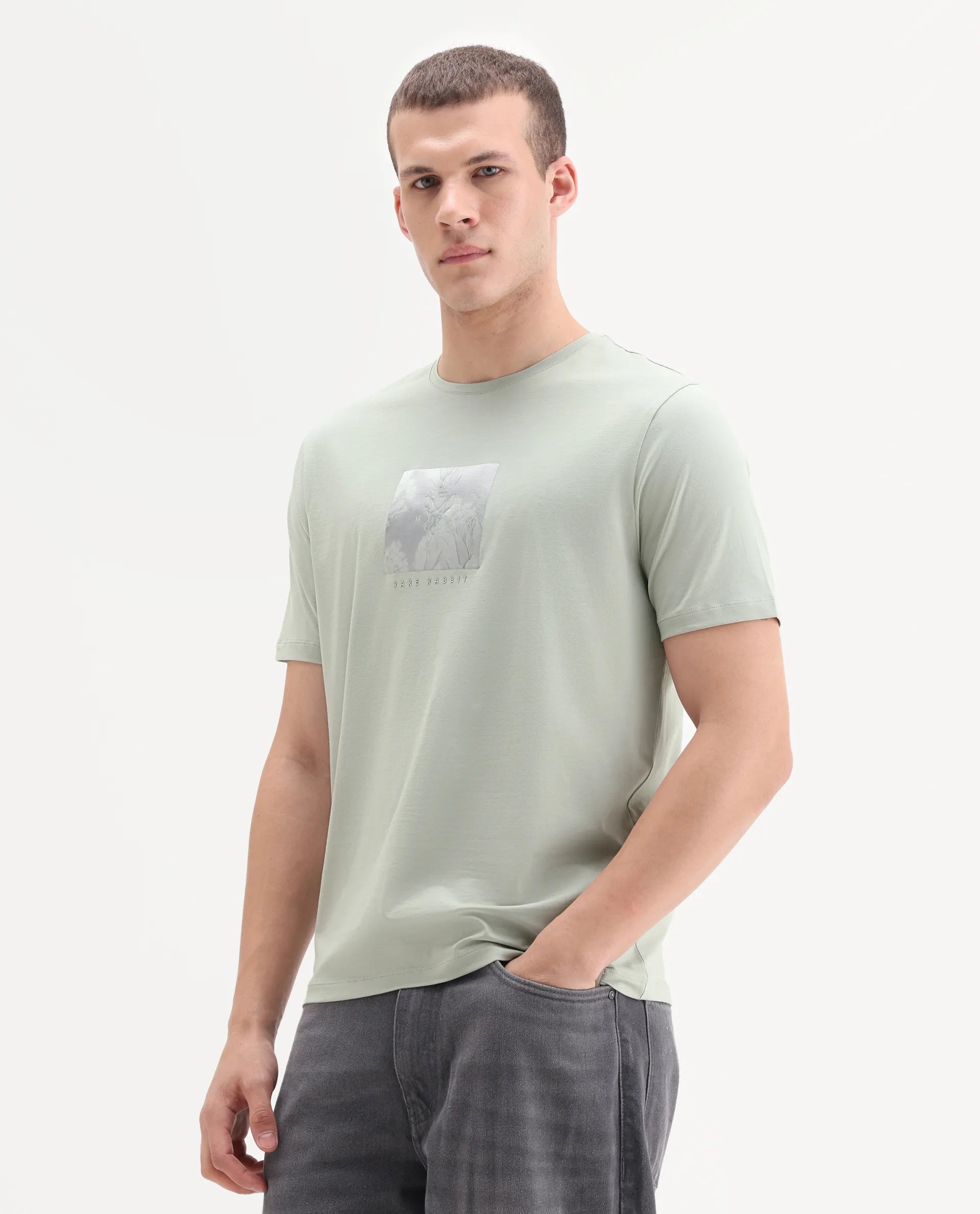 Rare Rabbit Men's Howe Dusky Green Cotton Blend Fabric Half Sleeve Crew Neck Graphic Print T-Shirt