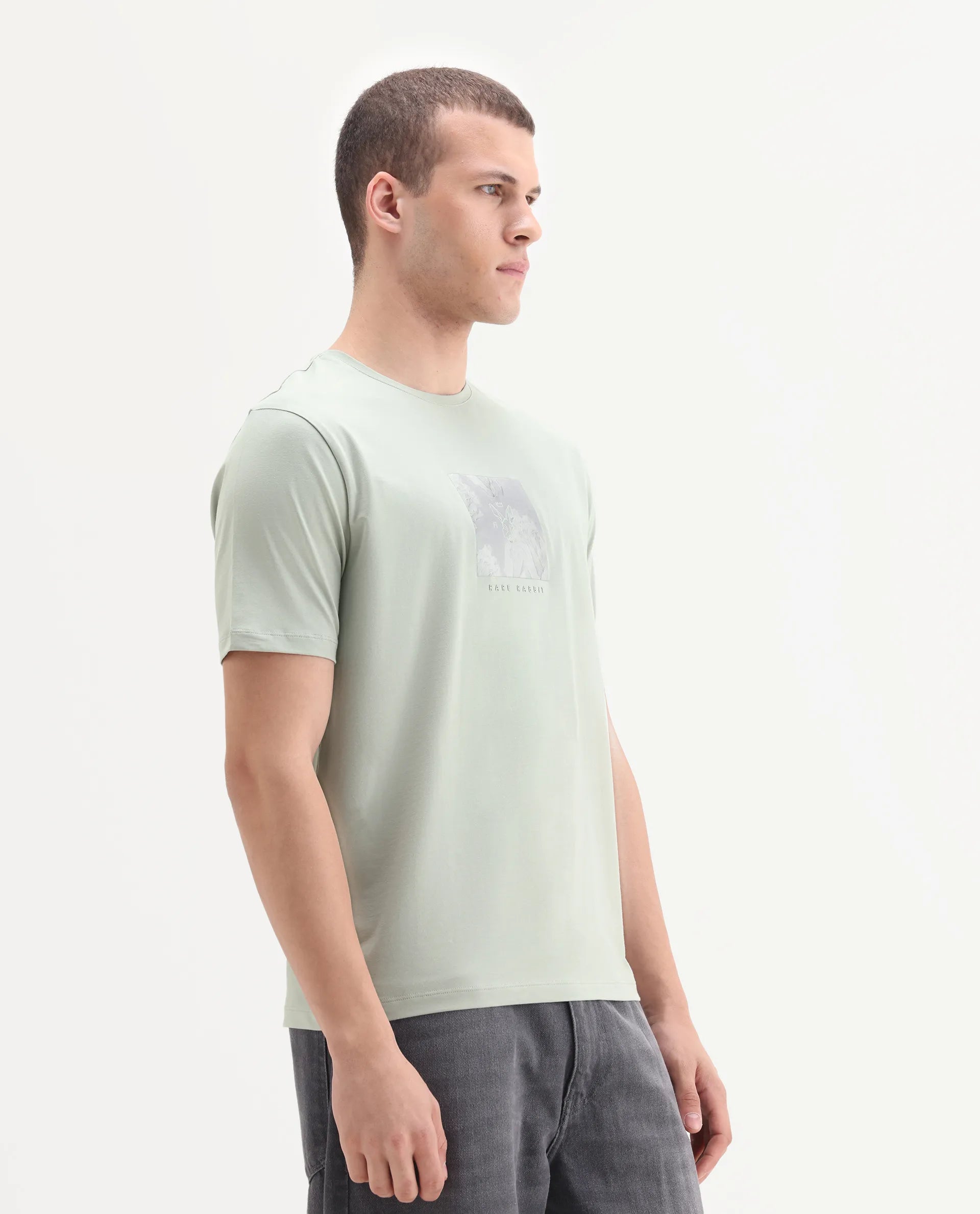 Rare Rabbit Men's Howe Dusky Green Cotton Blend Fabric Half Sleeve Crew Neck Graphic Print T-Shirt