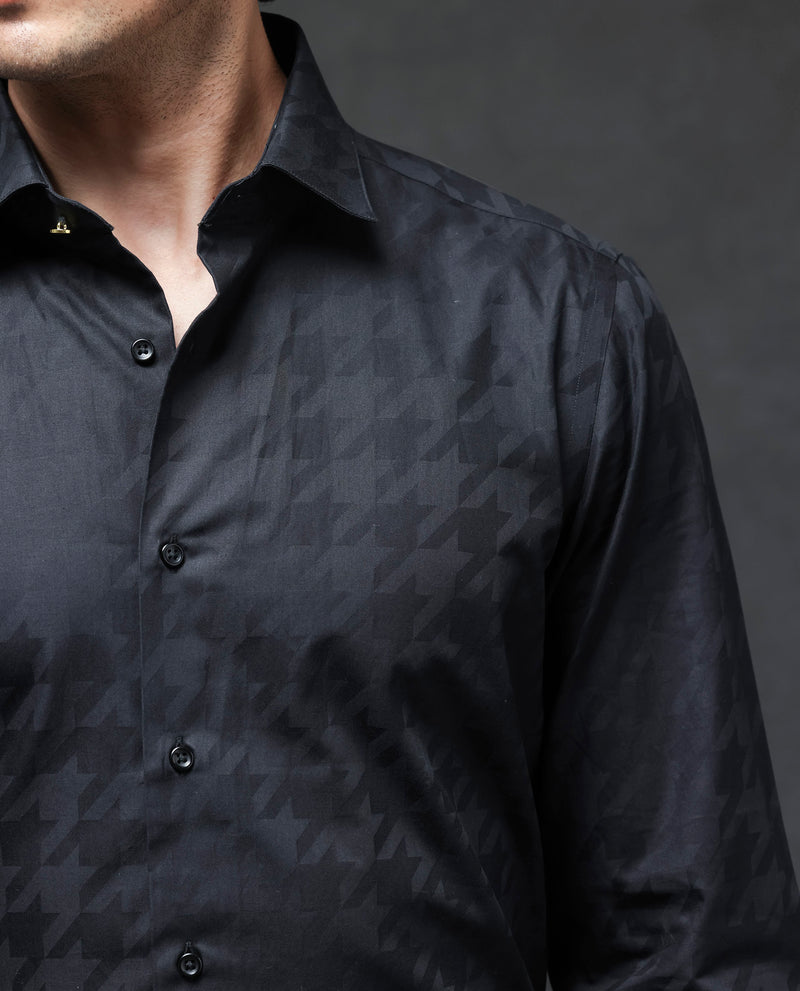 Rare Rabbit Mens Hox Black Shirt Full Sleeve Regular Collar Regular Fit Tonal Houndstooth Print Shirt