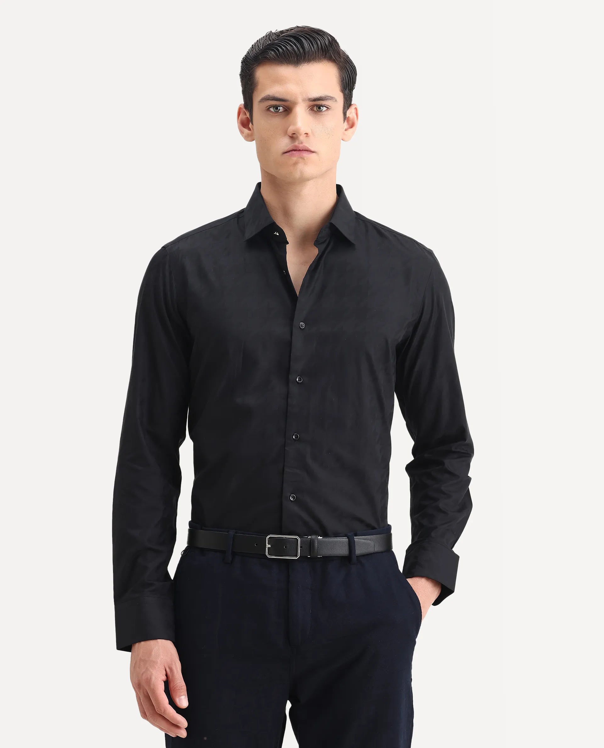 Rare Rabbit Men's Hox Black Cotton Checked Print Regular Fit Full Sleeve Cuban Collar Shirt