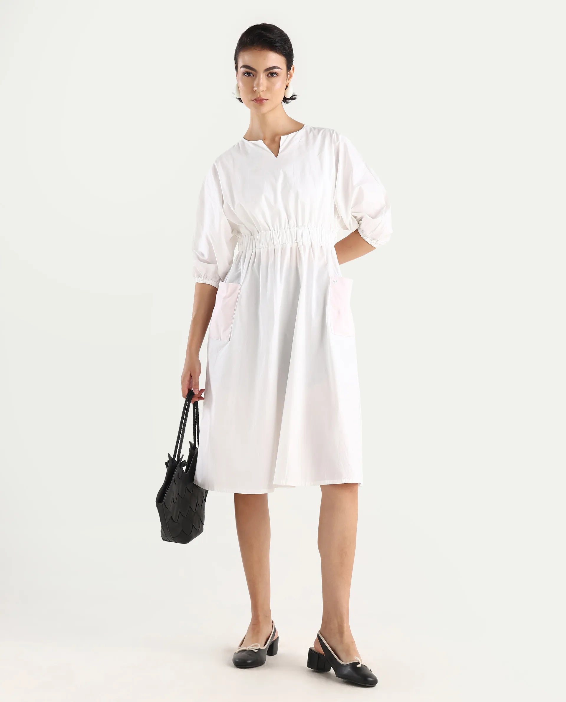 Rareism Women's Huibv White Cotton Blend Crew Neck Plain Bishop Sleeve Knee Length Fit And Flare Dress