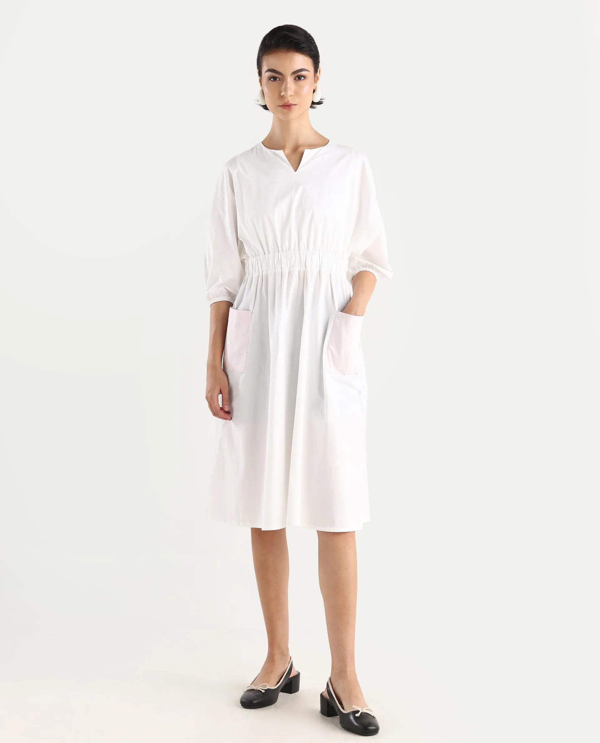 Rareism Women's Huibv White Cotton Blend Crew Neck Plain Bishop Sleeve Knee Length Fit And Flare Dress