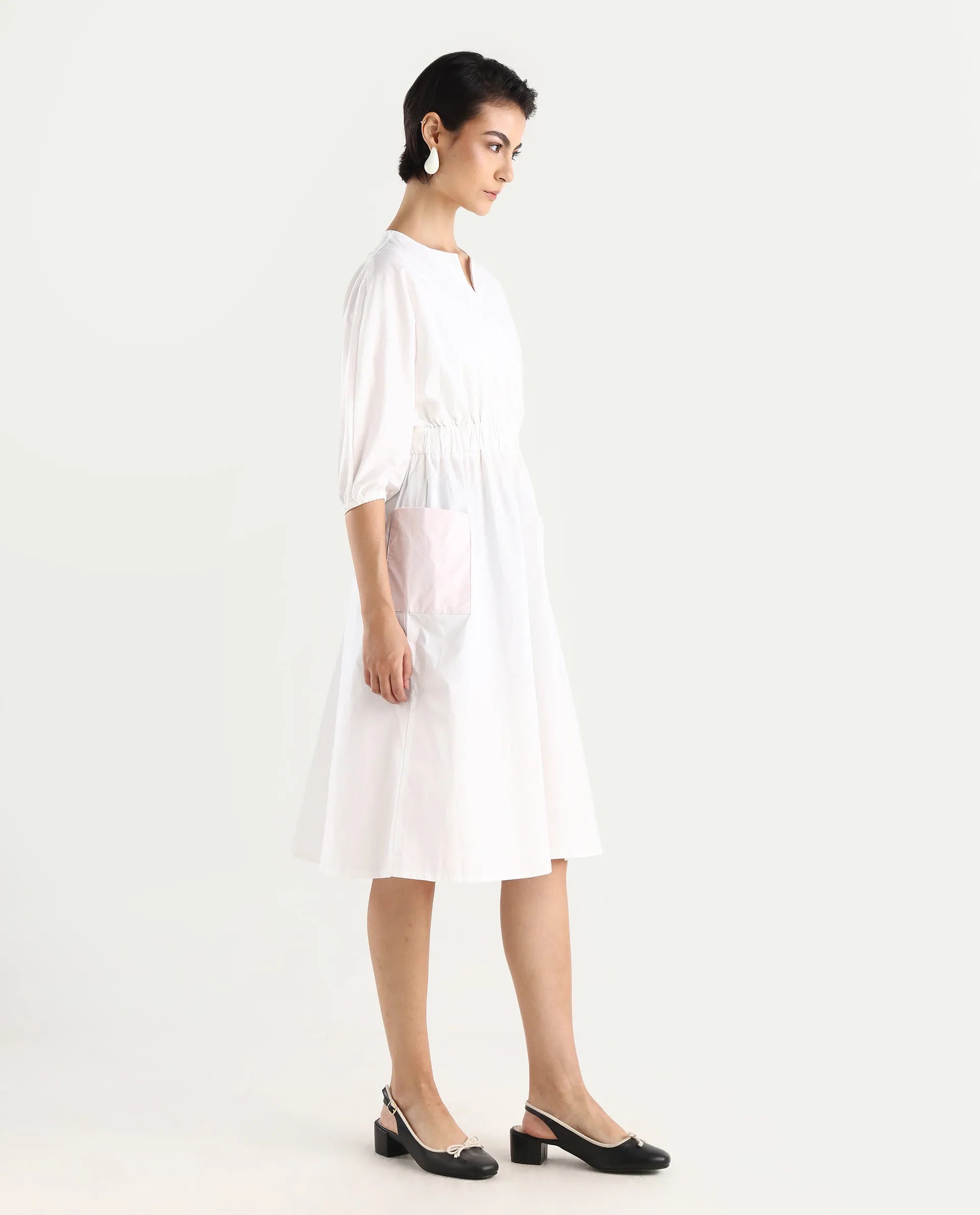 Rareism Women's Huibv White Cotton Blend Crew Neck Plain Bishop Sleeve Knee Length Fit And Flare Dress