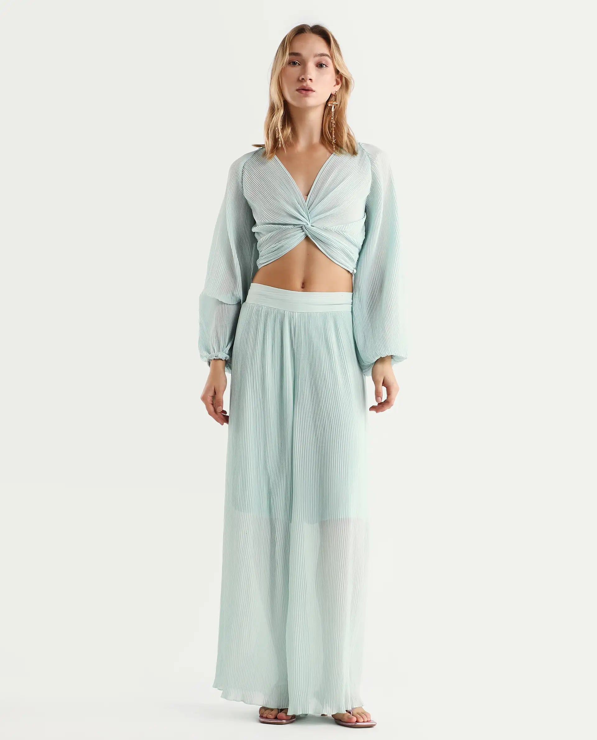 Rareism Women's Humphre-B Pastel Green Polyester Plain Ankle Length Flared Trouser