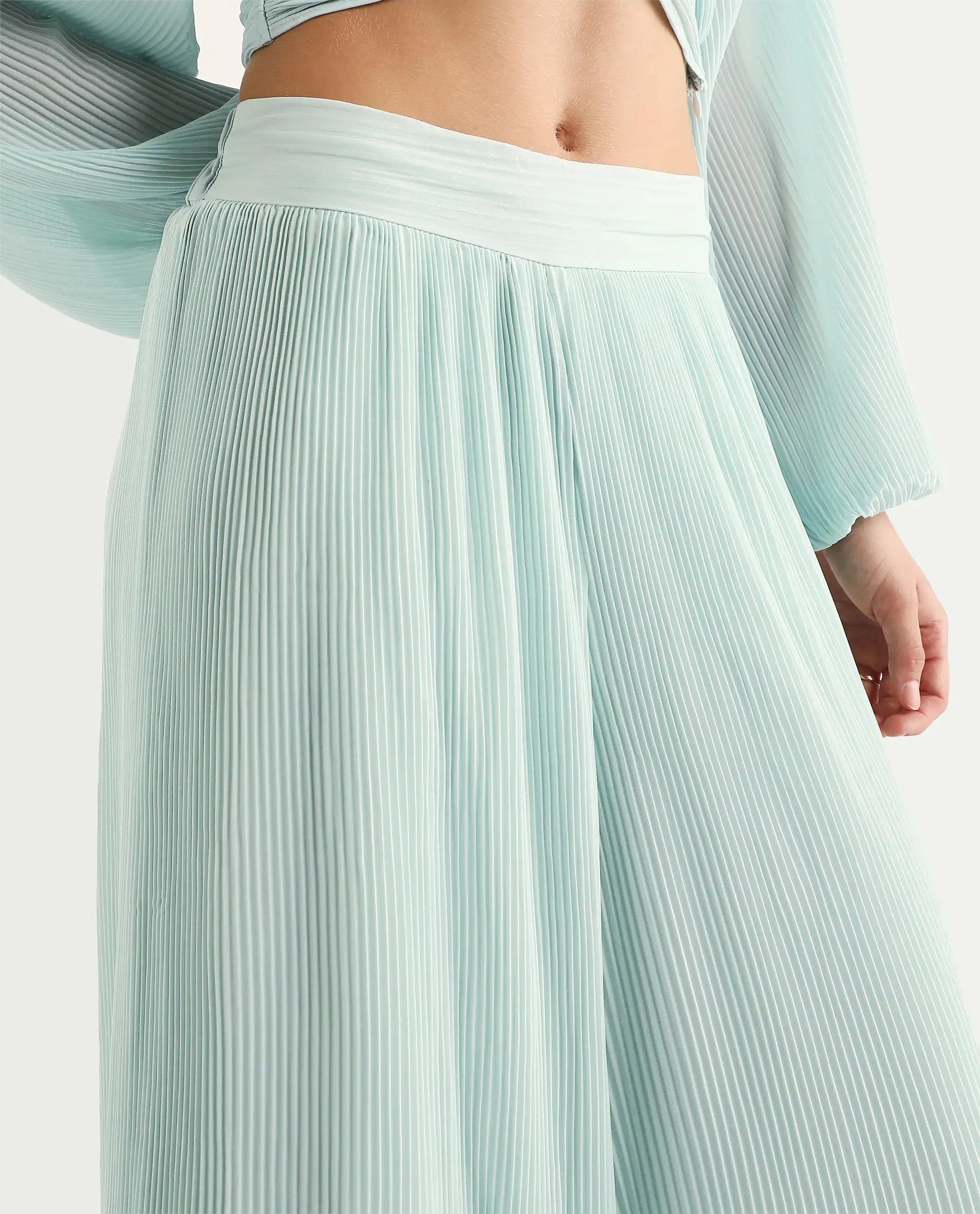 Rareism Women's Humphre-B Pastel Green Polyester Plain Ankle Length Flared Trouser