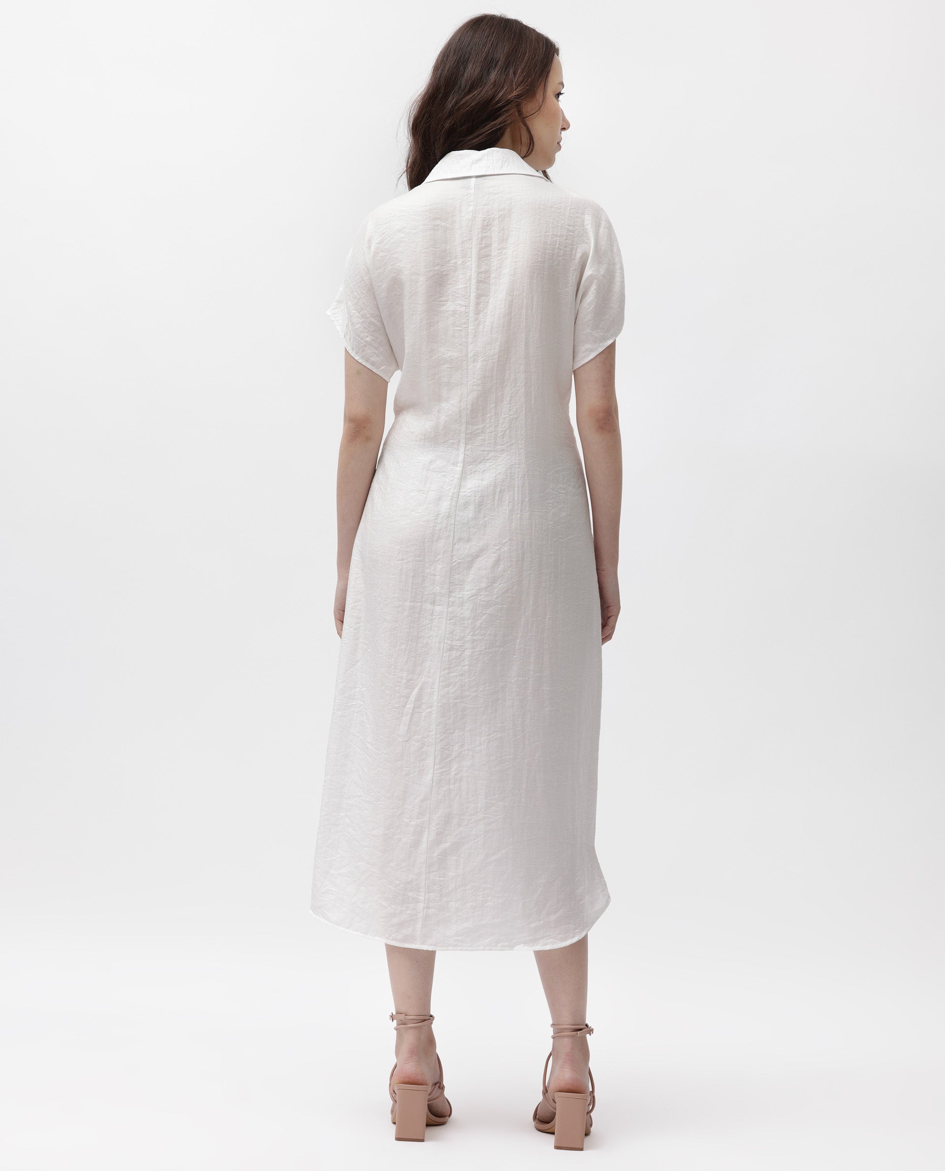 Rareism Women Husen Dark White Poly Viscose Fabric Short Sleeves Tie-Up Closure Shirt Collar Regular Fit Plain Midi A-Line Dress