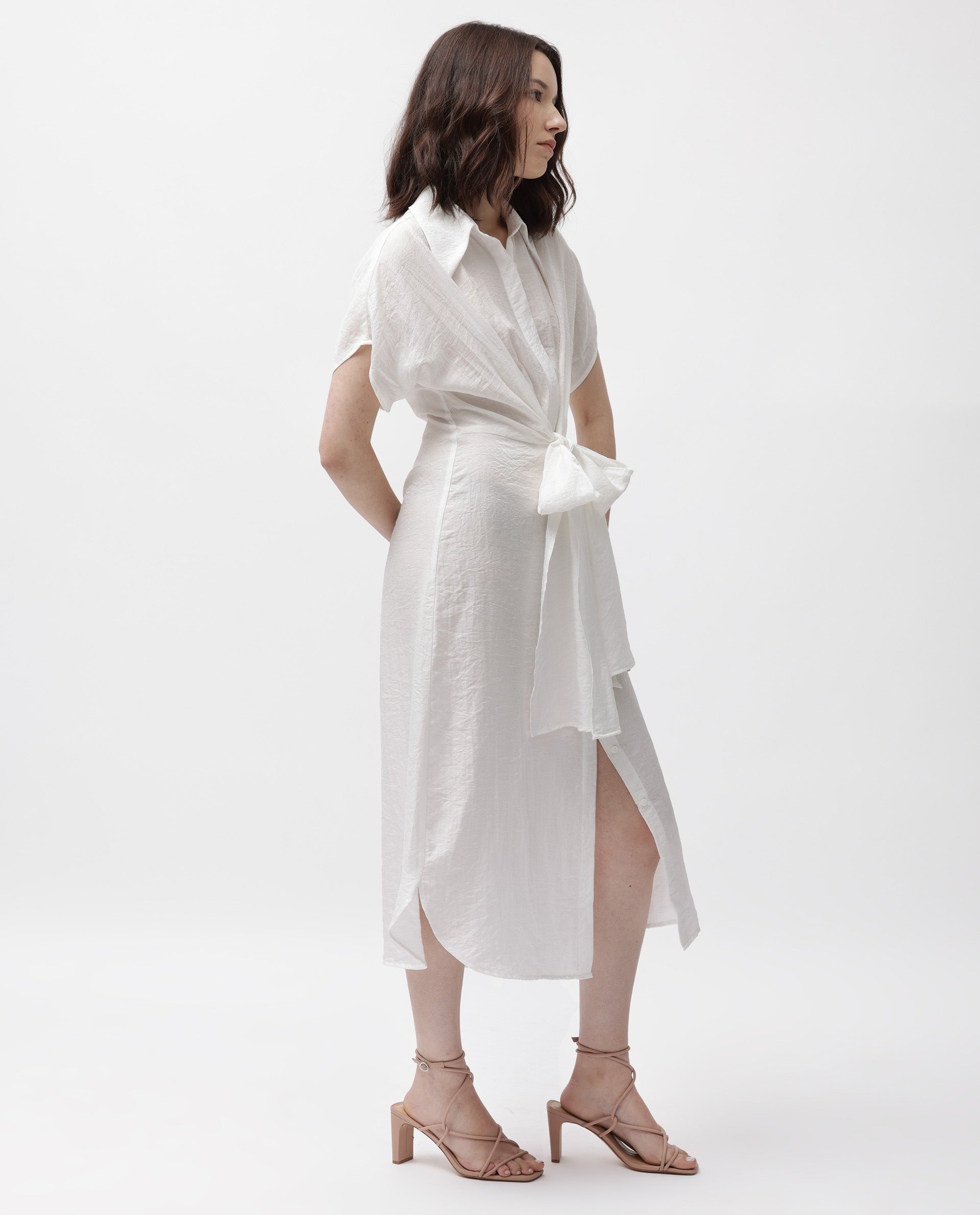 Rareism Women Husen Dark White Poly Viscose Fabric Short Sleeves Tie-Up Closure Shirt Collar Regular Fit Plain Midi A-Line Dress