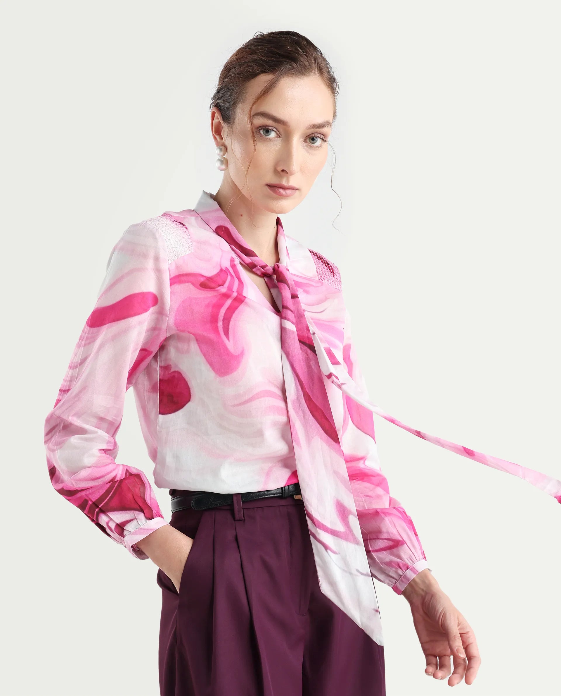 Rareism Women's Hushie Pink Cotton Tie-Up Neck Abstract Print Cuffed Sleeve Regular Fit Top