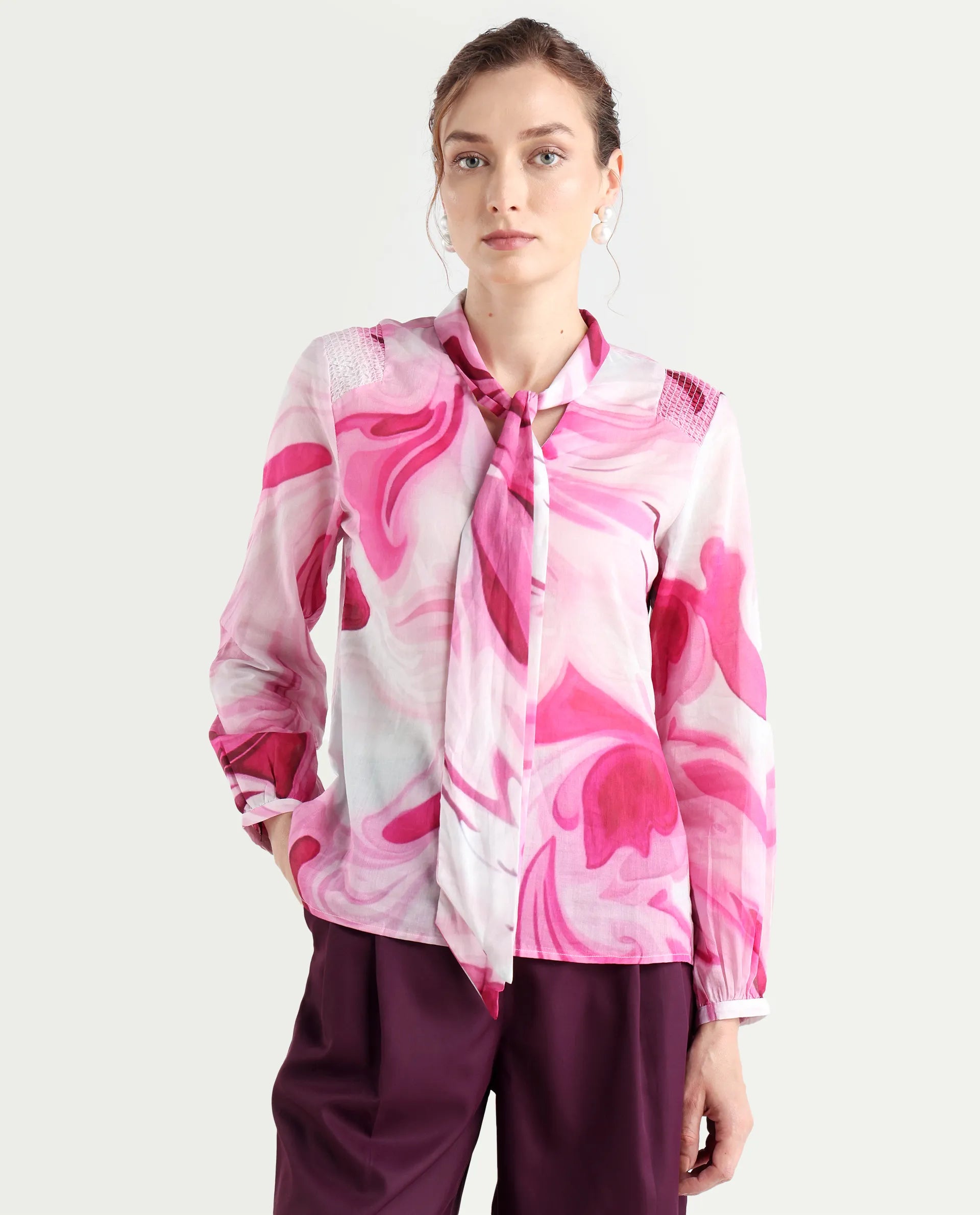 Rareism Women's Hushie Pink Cotton Tie-Up Neck Abstract Print Cuffed Sleeve Regular Fit Top