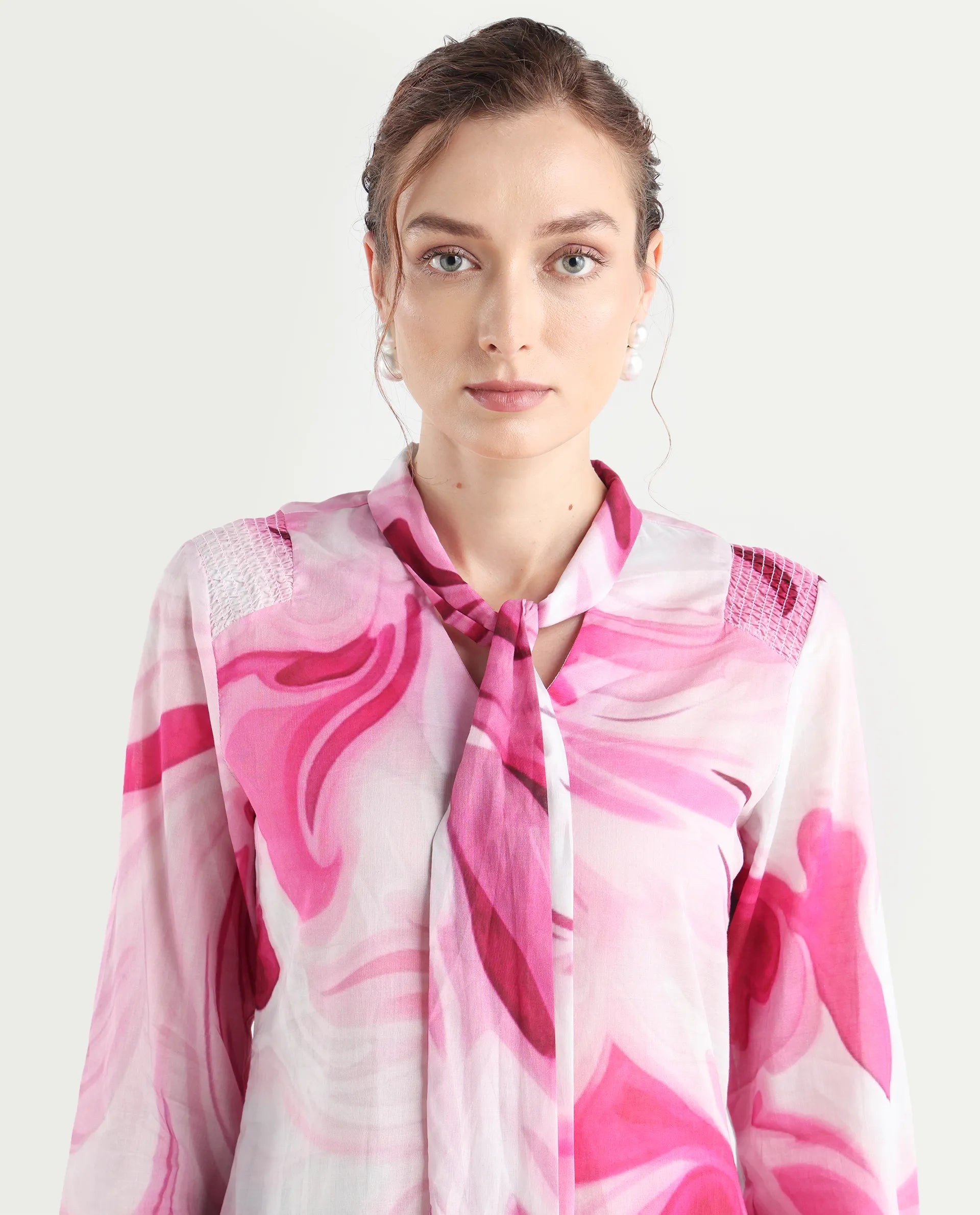 Rareism Women's Hushie Pink Cotton Tie-Up Neck Abstract Print Cuffed Sleeve Regular Fit Top