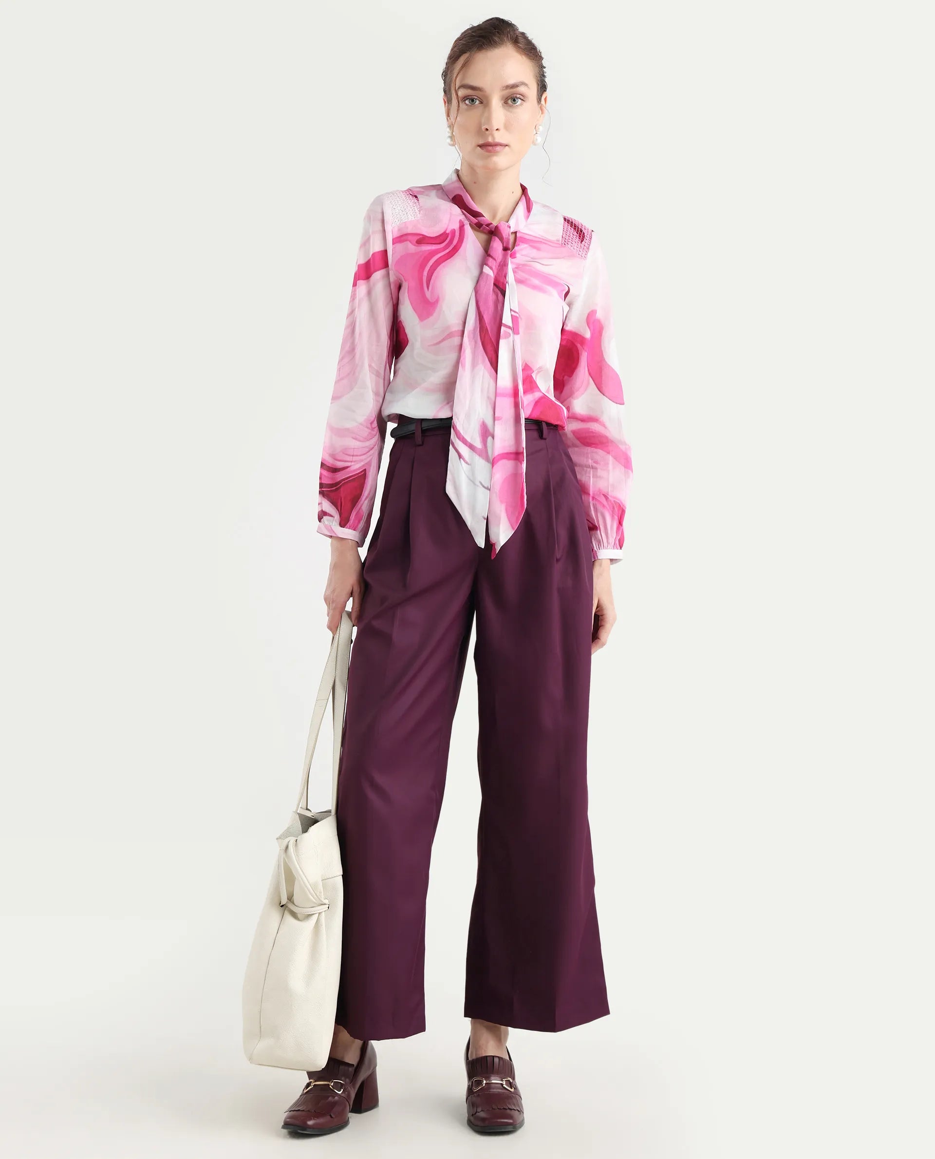 Rareism Women's Hushie Pink Cotton Tie-Up Neck Abstract Print Cuffed Sleeve Regular Fit Top