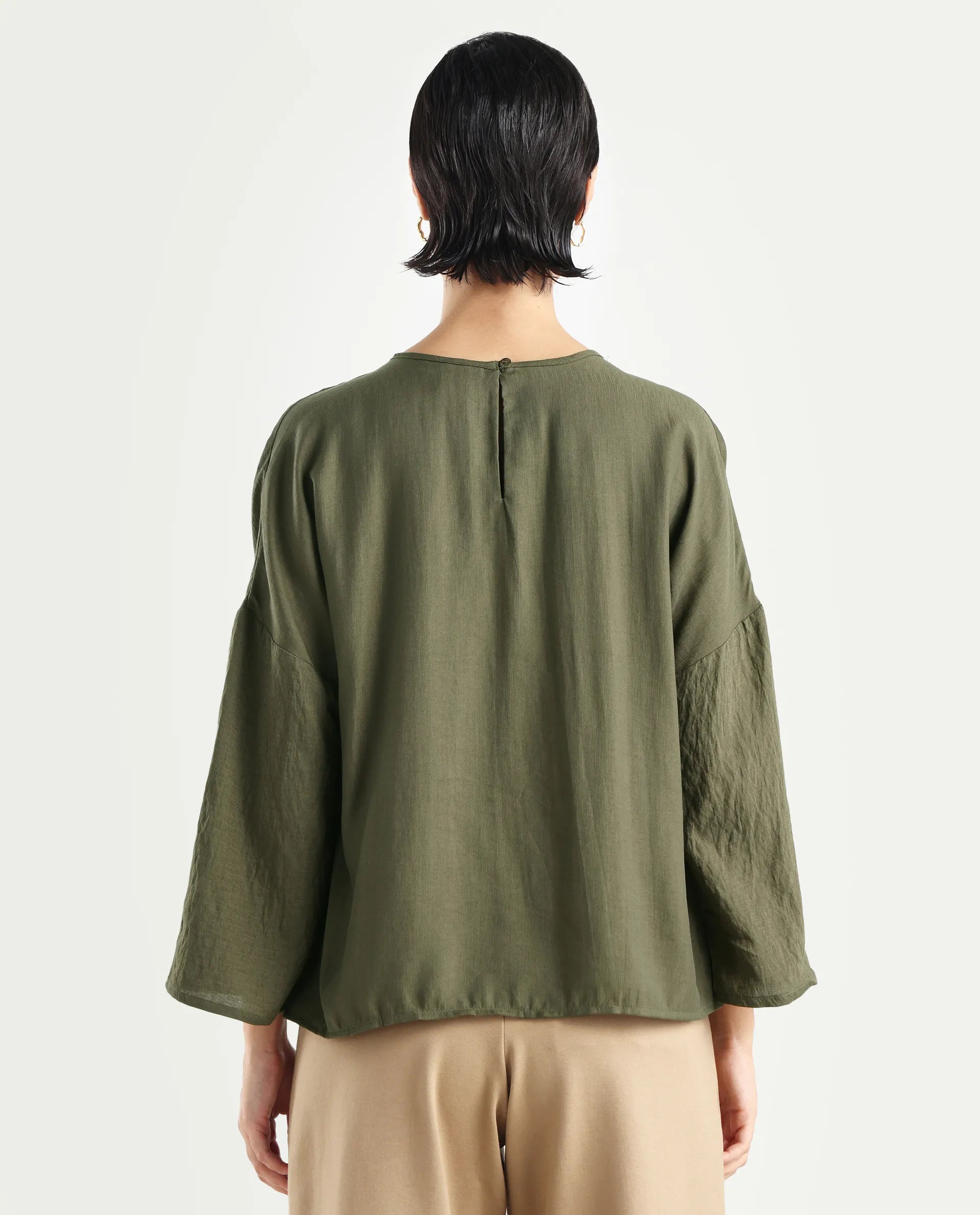 Rareism Women's Husik Olive Viscose Blend Crew Neck Plain Raglan Sleeve Relaxed Fit Top