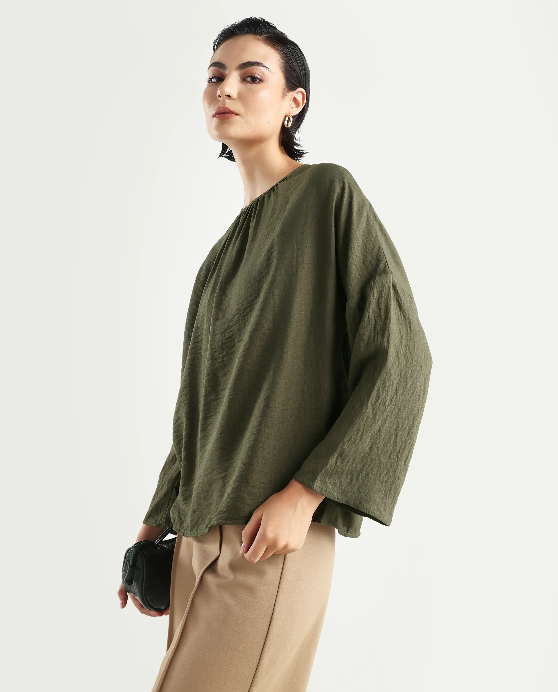 Rareism Women's Husik Olive Viscose Blend Crew Neck Plain Raglan Sleeve Relaxed Fit Top