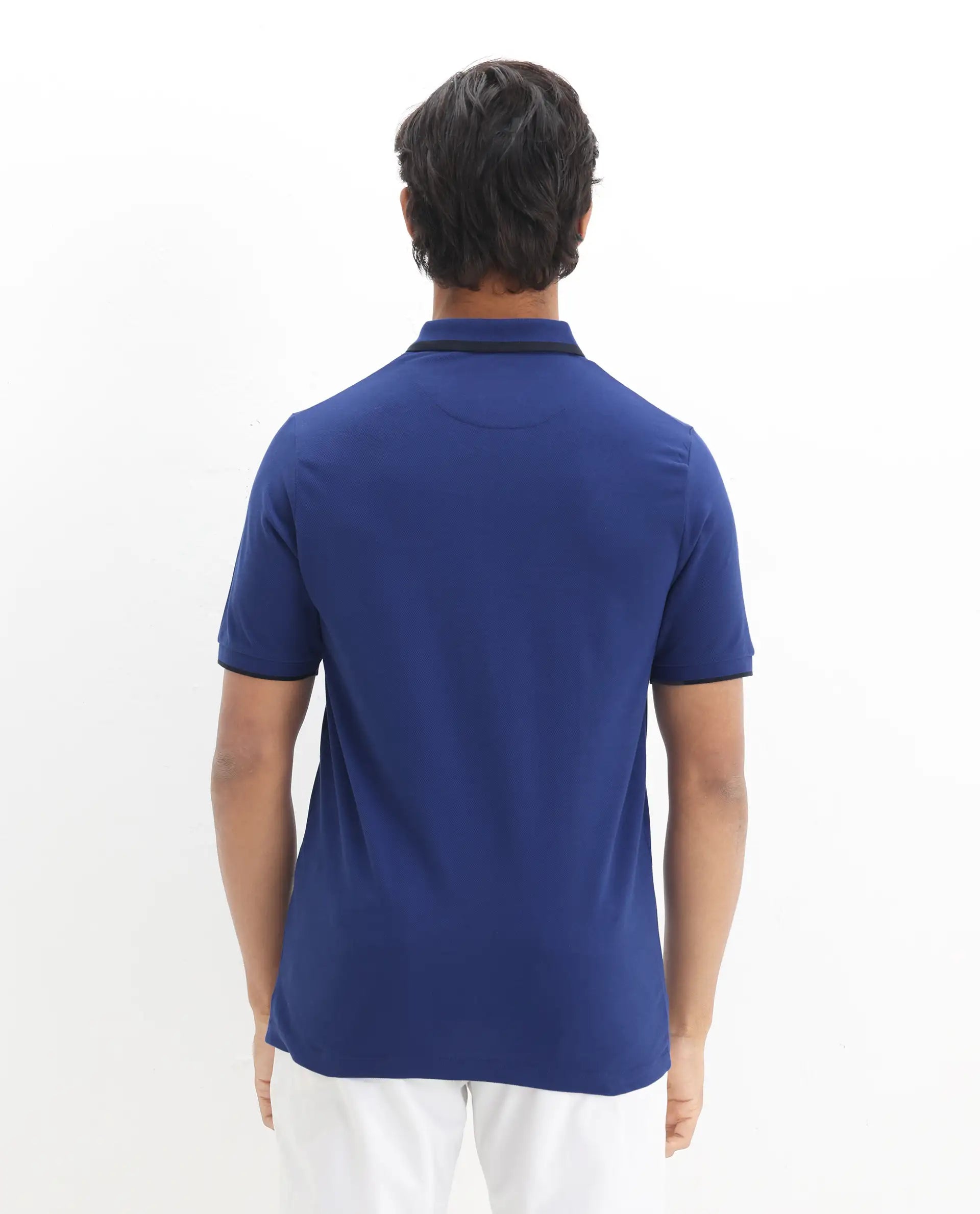 Rare Rabbit Men's Hux Blue Cotton Plain Regular Fit Half Sleeve Polo