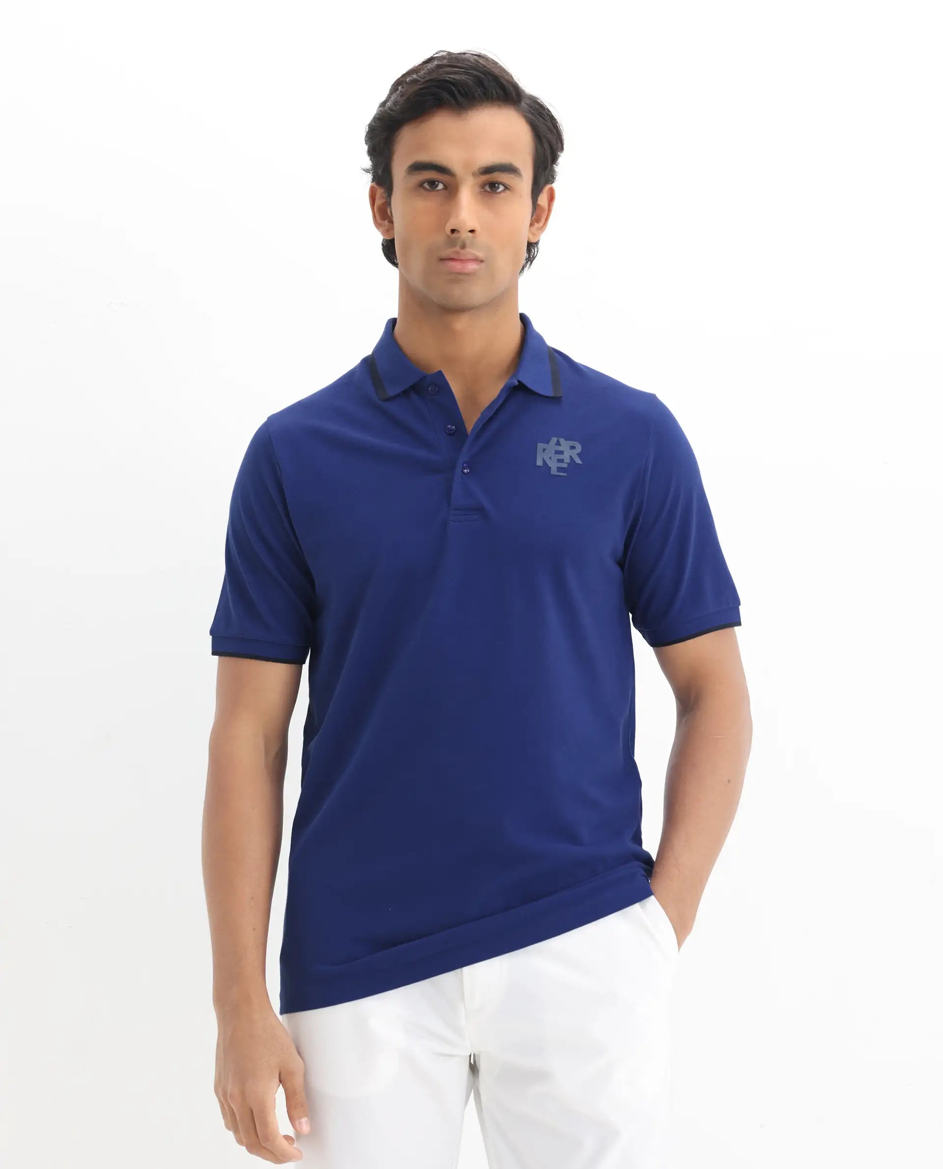 Rare Rabbit Men's Hux Blue Cotton Plain Regular Fit Half Sleeve Polo