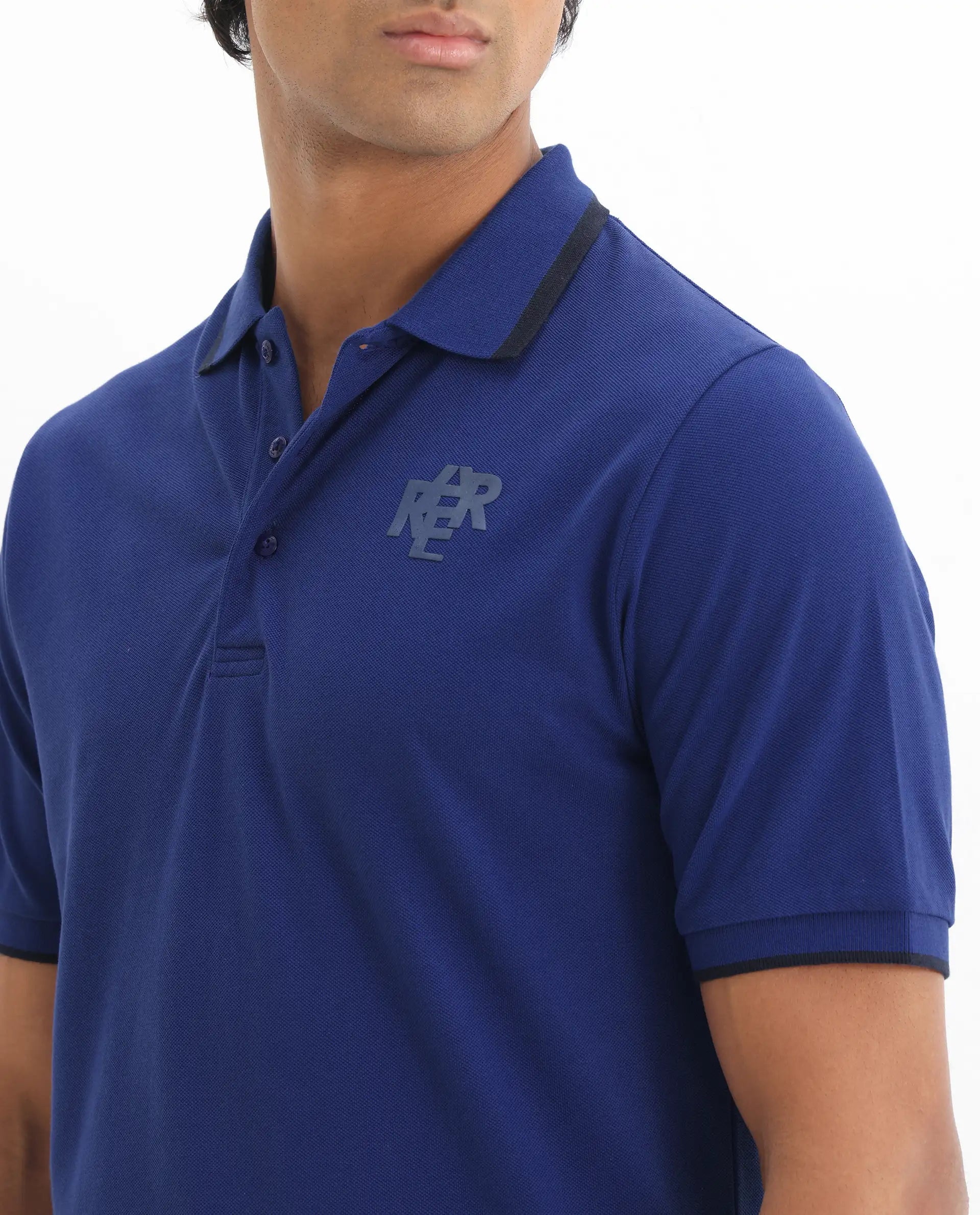 Rare Rabbit Men's Hux Blue Cotton Plain Regular Fit Half Sleeve Polo