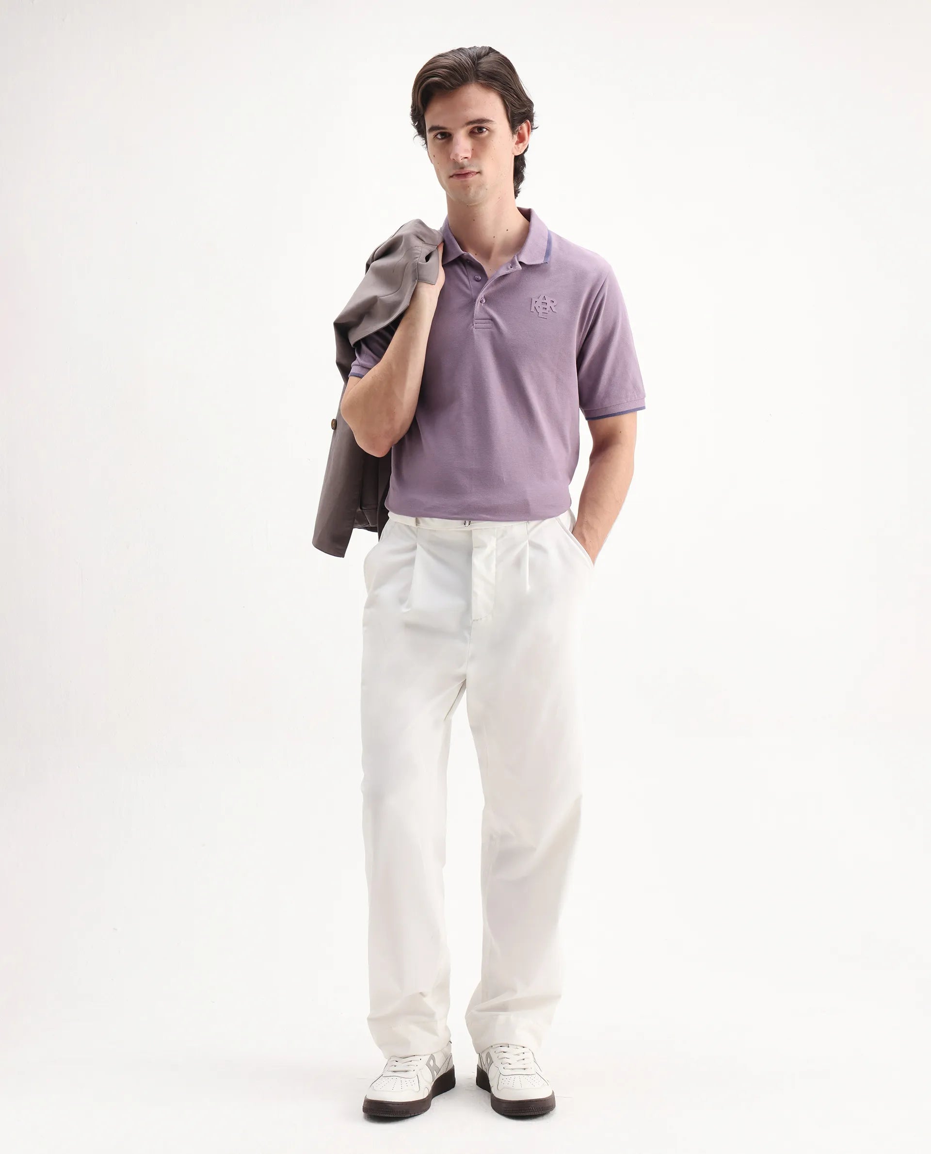 Rare Rabbit Men's Hux Dusky Purple Cotton Plain Regular Fit Half Sleeve Polo