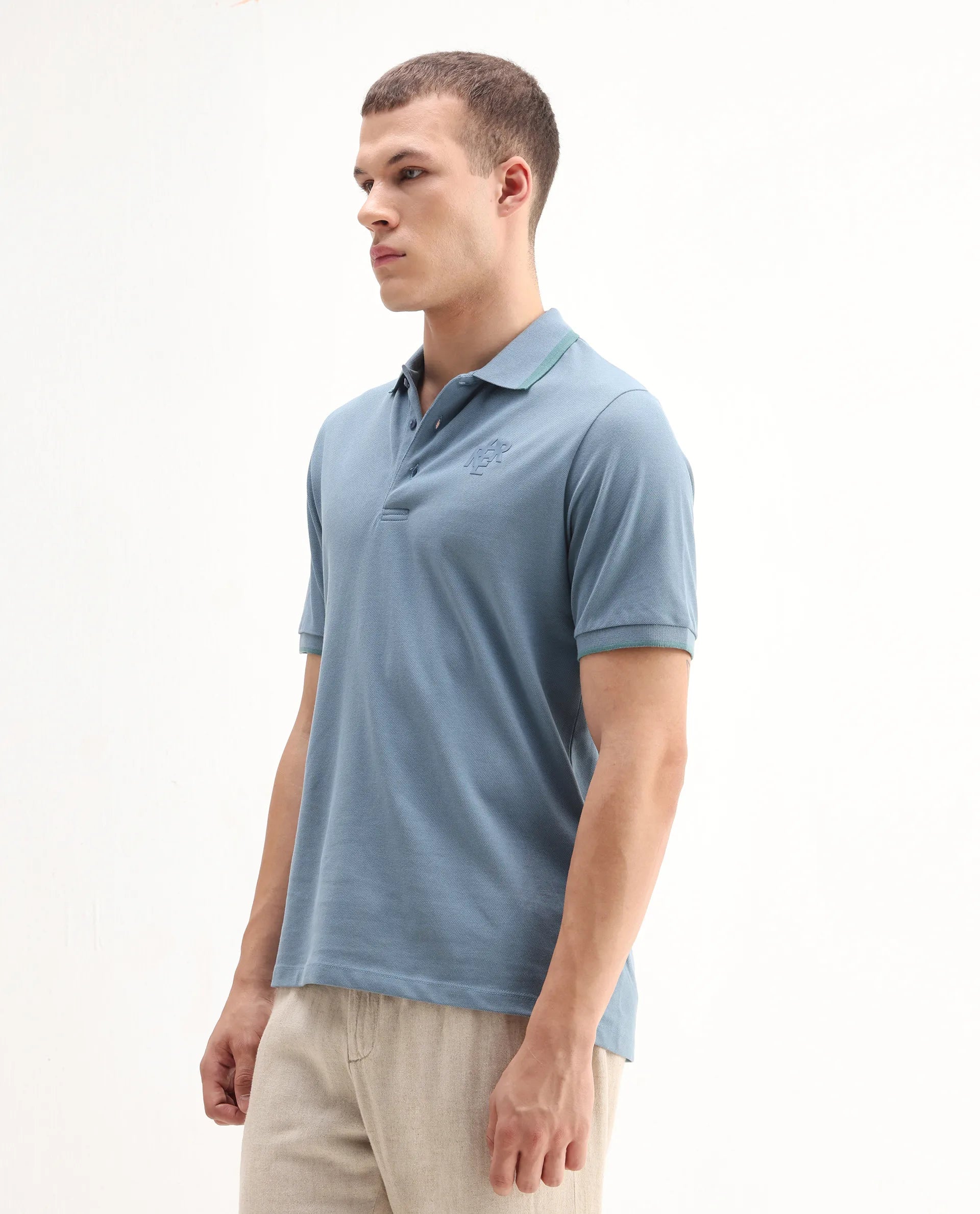 Rare Rabbit Men's Hux Dusky Teal Cotton Plain Regular Fit Half Sleeve Polo