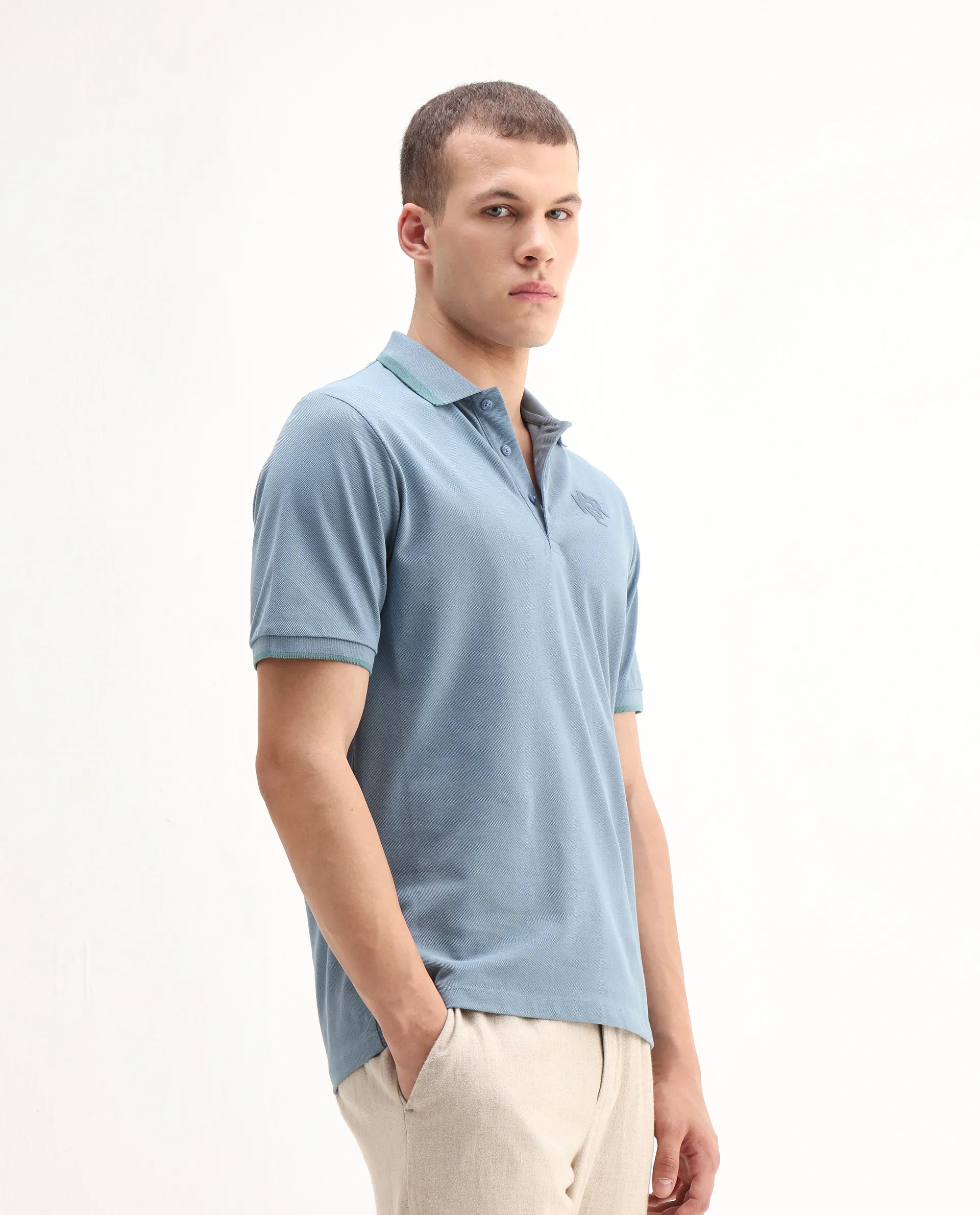 Rare Rabbit Men's Hux Dusky Teal Cotton Plain Regular Fit Half Sleeve Polo