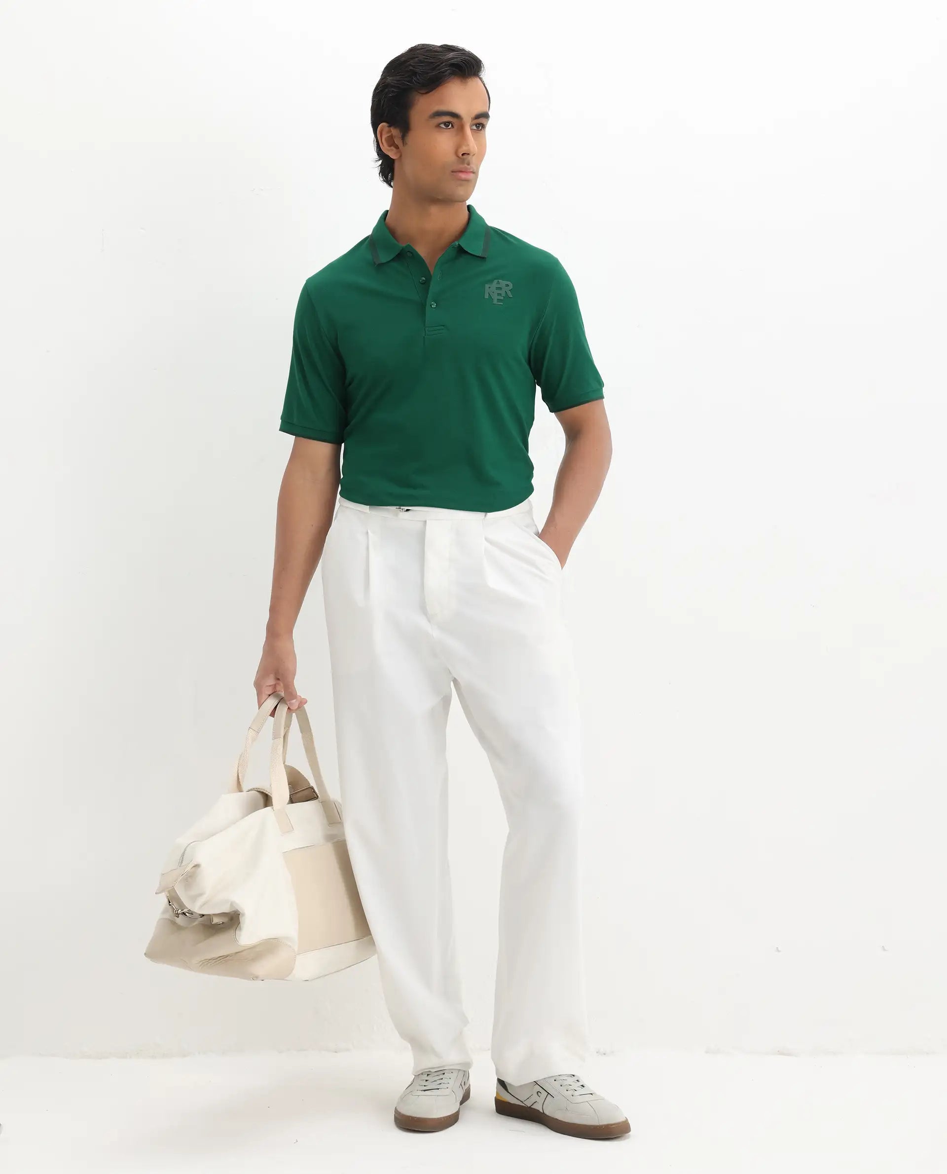 Rare Rabbit Men's Hux Green Cotton Plain Regular Fit Half Sleeve Polo