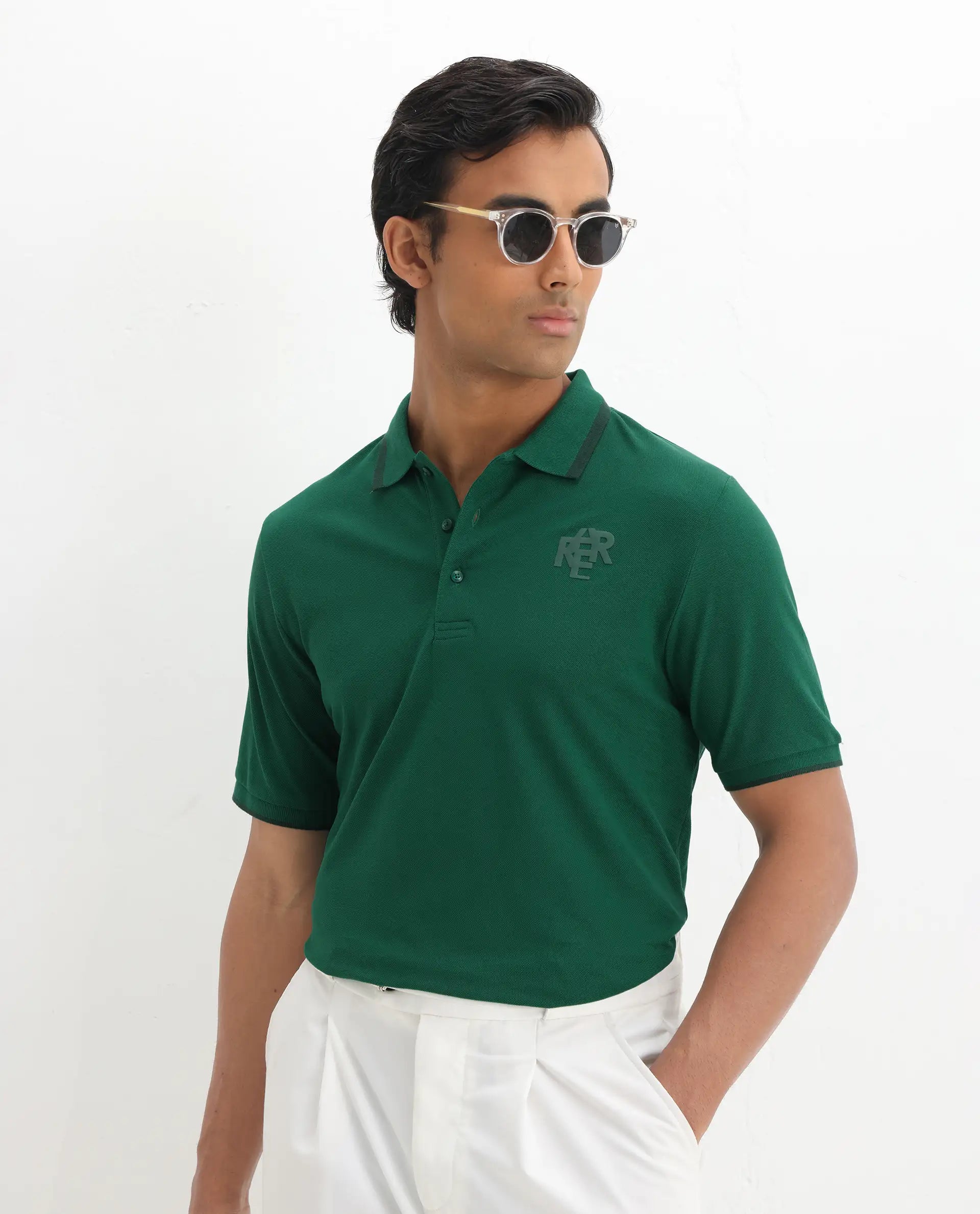 Rare Rabbit Men's Hux Green Cotton Plain Regular Fit Half Sleeve Polo