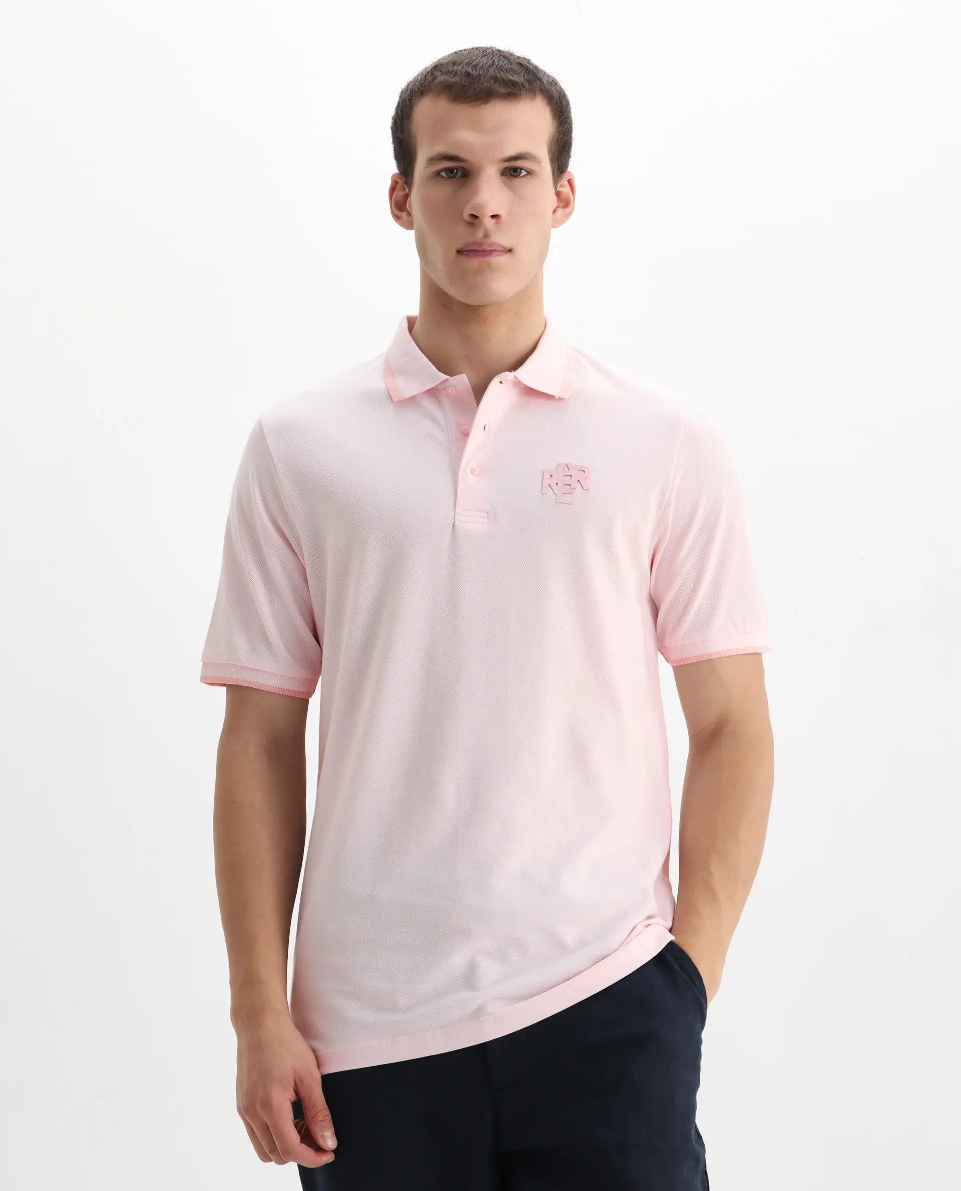 Rare Rabbit Men's Hux Pastel Pink Cotton Plain Regular Fit Half Sleeve Polo