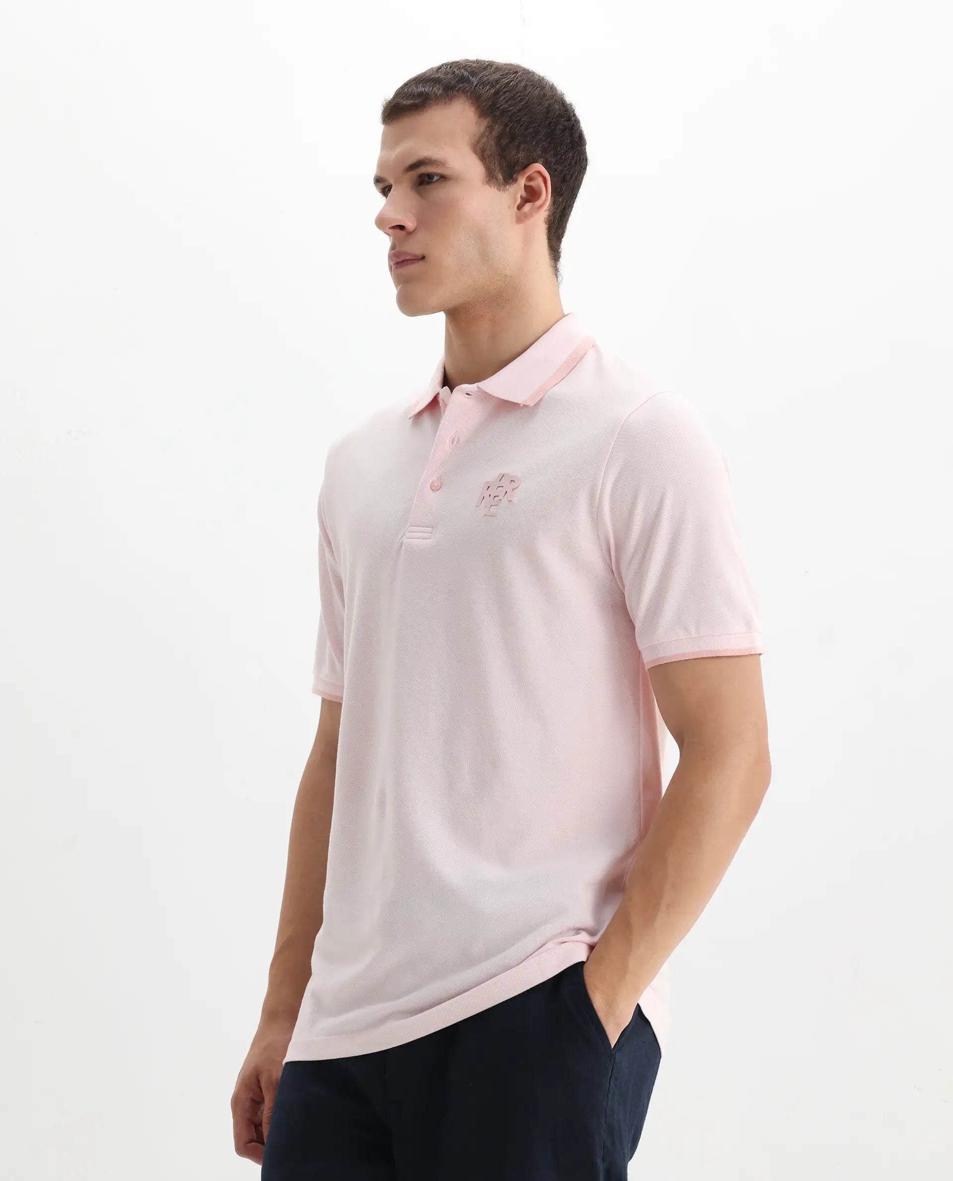 Rare Rabbit Men's Hux Pastel Pink Cotton Plain Regular Fit Half Sleeve Polo