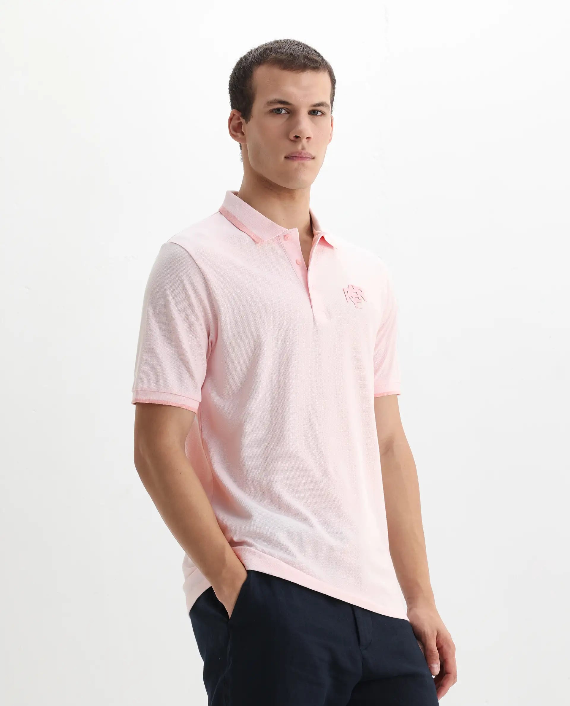 Rare Rabbit Men's Hux Pastel Pink Cotton Plain Regular Fit Half Sleeve Polo